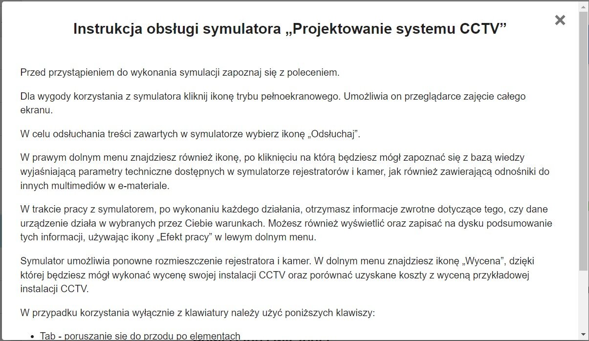 Instrukcja obsługi symulatora. W czarnej ramce, na białym tle znajdują się wyróżnione punkty, wg których uczeń wie, jak posługiwać się symulatorem.