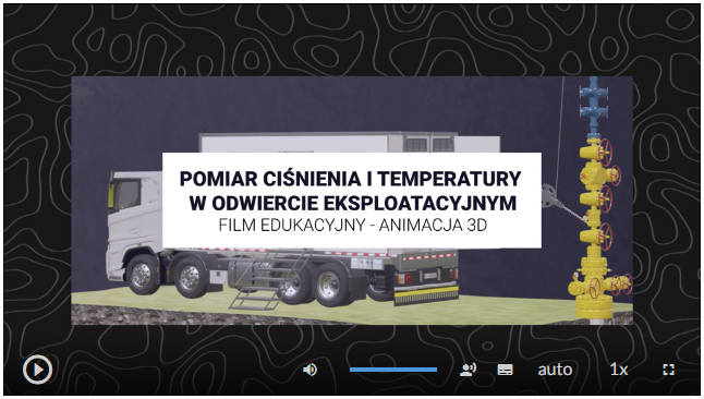 Na zdjęciu widać przykładowy widok filmu edukacyjnego. W centralnej części ekranu znajduje się grafika tytułowa. Grafika przedstawia samochód ciężarowy. Na naczepie widoczna jest prostopadłościenna nadbudówka. Do wejścia do nadbudówki prowadzą schodki. Za samochodem znajduje się głowica eksploatacyjna. Głowica jest pionowym układem rur i zaworów połączonych ze sobą połączeniami kołnierzowymi.W centralnej części grafiki widoczny jest tytuł. Przykładowy tytuł brzmi: pomiar ciśnienia i temperatury w odwiercie eksploatacyjnym. Pod tytułem znajduje się informacja uzupełniająca: film edukacyjny, animacja trzy D. Poniżej w lewym dolnym rogu ekranu widoczny jest przycisk z symbolem trójkąta umożliwiający uruchamianie lub zatrzymywanie filmu. W prawym dolnym rogu ekranu znajdują się przyciski służące a do odtwarzania filmu. Kolejną są to regulacja głośności oznaczona symbolem głośnika, ustawienie tekstu, tryb auto, prędkość odtwarzania oraz możliwość powiększenia ekranu.