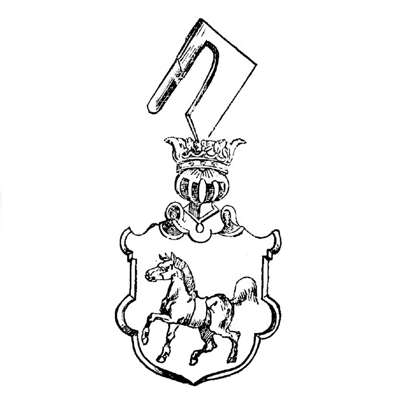 Ilustracja przedstawia herb rodziny Szafrańców, noszący nazwę Stary koń (Starykoń). Herb przedstawia zwróconego w lewo konia z popręgiem. Nad tarczą herbową umieszczony jest hełm rycerski, w który wbity jest topór.