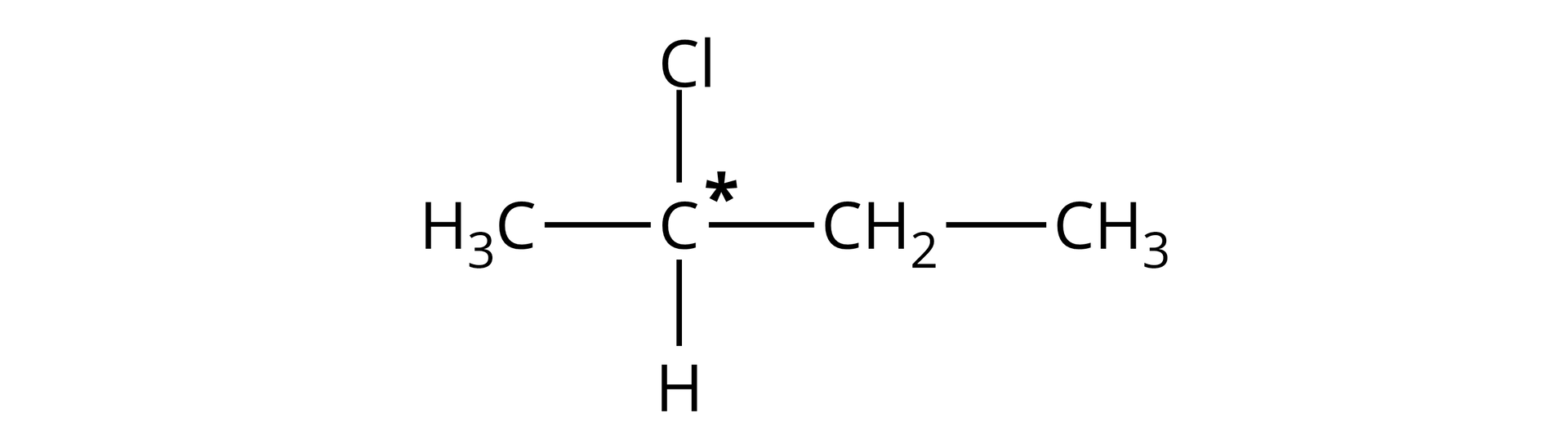 Ilustracja przedstawiająca wzór półstrukturalny cząsteczki 2-chlorobutanu zbudowanego z chiralnego atomu węgla oznaczonego gwiazdką podstawionego grupą metylową CH3, atomem chloru Cl, grupą etylową CH2CH3 oraz atomem wodoru.