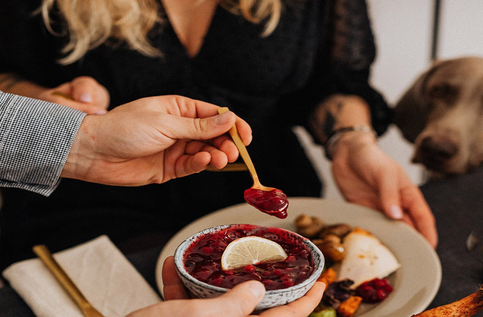Zdjęcie przedstawia nakładanie sosu żurawinowego. Po lewej stronie widoczne są dwie ręce. Prawa dłoń trzyma małą miseczkę wypełnioną czerwonym sosem żurawinowym, plasterkiem cytryny pośrodku. Lewa dłoń trzyma małą łyżeczkę z sosem. W tle widoczna jest postać kobiety trzymającej talerz z daniem, który znajduje się poniżej miseczki. 