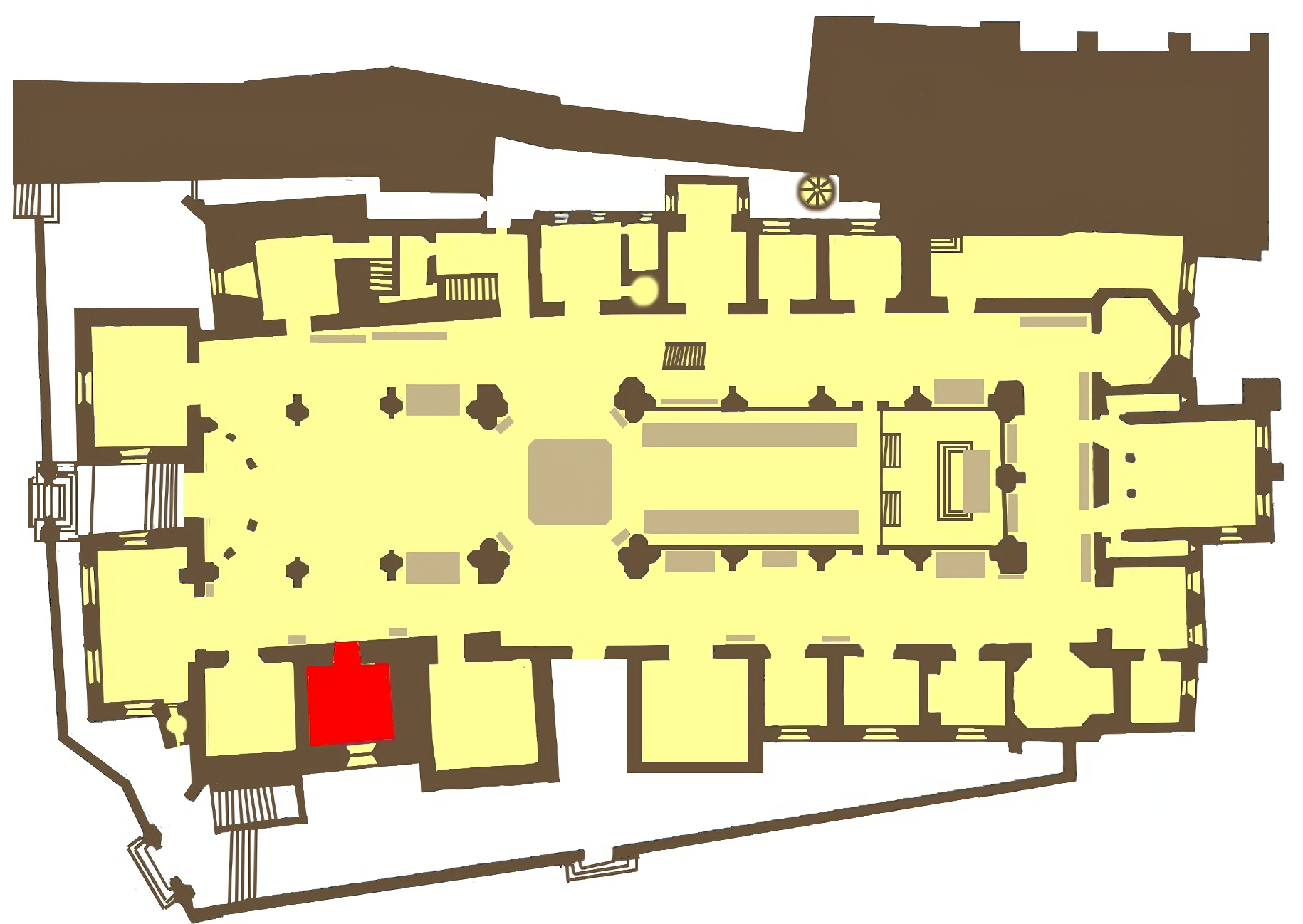 Ilustracja przedstawia plan katedry na Wawelu. Od wejścia w stronę ołtarza prowadzi nawa główna. Otacza ją dziewiętnaście kaplic, umieszczonych po lewej i prawej stronie nawy. Tworzą one dwie nawy boczne. Na planie zaznaczona jest kaplica Szafrańców. Jest to druga kaplica od głównego wejścia do katedry po prawej stronie, czyli w prawej nawie bocznej.
