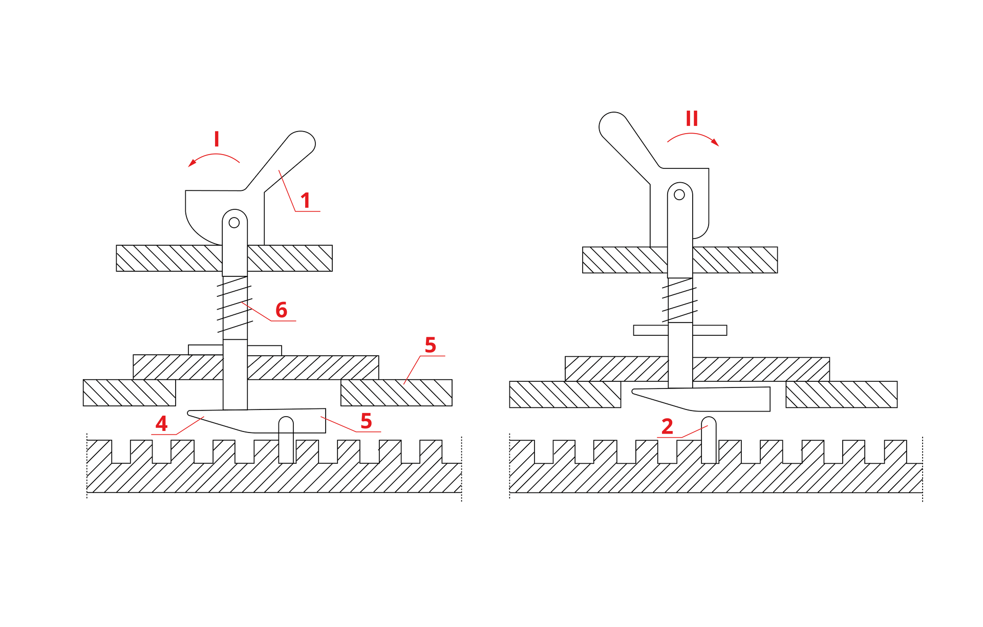 Grafika przedstawia dwa schematy urządzenia. Jest to zamek opuszczany, składa się z dwupoziomowej podstawy oraz części głównej. Pierwszy schemat pokazuje, jak górna część urządzenia jest przechylona w lewo, a drugi – w prawo. Część ta przypomina ruchomą rączkę. Ze schematu wychodzą zaznaczone na czerwono punkty z numerkami.