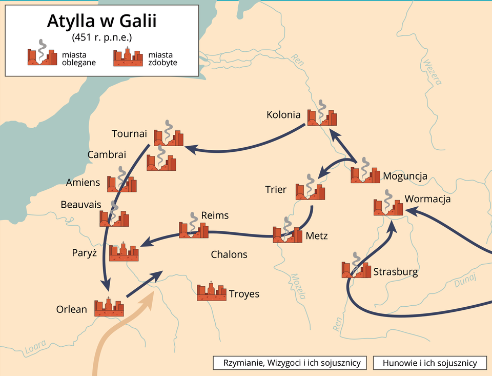 Mapa przedstawia wyprawę łupieszczą Hunów Atylli na Galię w 451 roku przed naszą erą. Oblegali oni Strasburg, Wormancję, Moguncę, Kolonnię, Trier, Metz, Reims, Tournai, Chambrai, Amiens, Beauvais oraz zdobyli Paryż, Orlean i Troyes. 