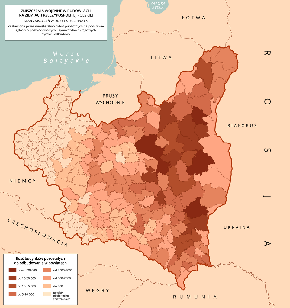 Mapa przedstawia zniszczenia wojenne w budowlach na ziemiach Rzeczypospolitej Polskiej. Stan zniszczeń w dniu 1 stycznia 1923 roku. Zestawione przez ministerstwo robót publicznych na podstawie zgłoszeń poszkodowanych i sprawozdań okręgowych dyrekcji budowy. Ukazana jest liczba budynków pozostałych do odbudowania w powiatach. Najmniej jest ich w zachodniej i środkowo‑zachodniej części kraju. Najwięcej budynków do odbudowania jest we wschodniej i środkowo‑wschodniej części.