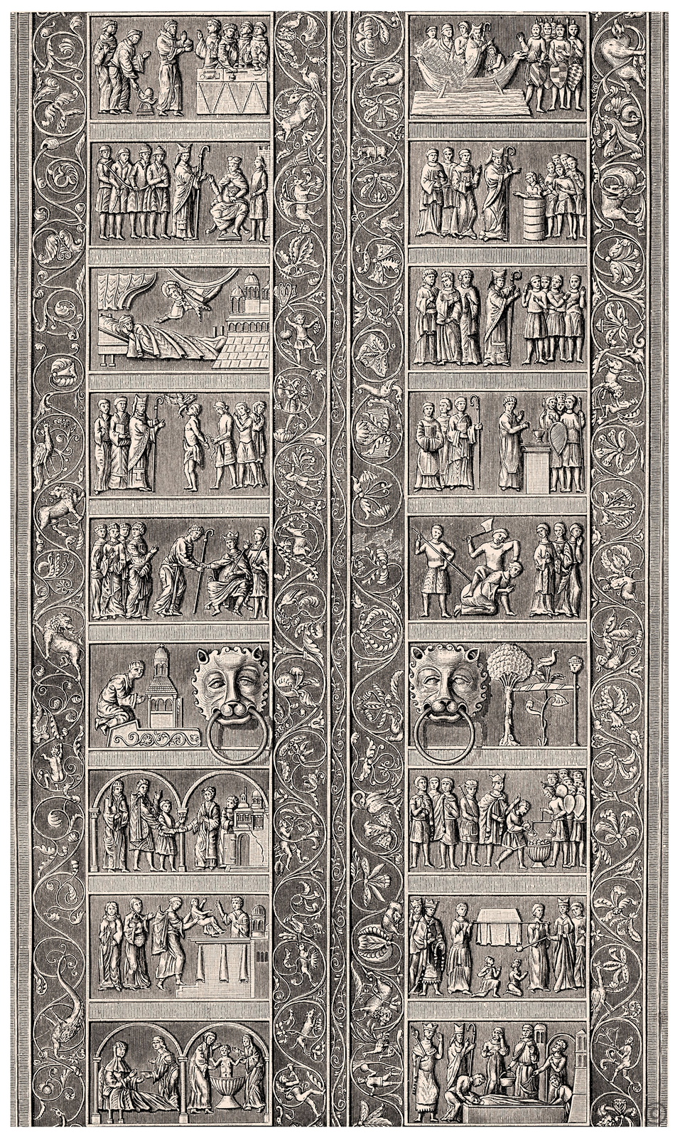 Ilustracja przedstawia drzwi gnieźnieńskie: Ilustracja - Drzwi Gnieźnieńskie.

1. Narodziny św. Wojciecha – przedstawiono tu dwie arkady wsparte na kolumnie. Po lewej kobieta siedząca na łóżku przyjmuje z rąk innej kobiety misę z posiłkiem. Po prawej dwie kobiety kąpią noworodka w naczyniu w kształcie kielicha.

2. Ofiarowanie św. Wojciecha – rodzice przynoszą chore dziecko do kościoła, by złożyć je Bogu. Po lewej stronie ołtarza znajduje ojciec unosi dziecię, obok niego stoją dwie kobiety - matka z piastunką. Po prawej stronie znajduje się duchowny.

3. Rodzice oddają św. Wojciecha na naukę do Magdeburga – Po lewej stronie stoi mały chłopiec z rodzicami. Wita go jego przełożony. Obok stoi osoba duchowna w tonsurze. W tle otwarte drzwi szkoły.

4. Modlitwa św. Wojciecha.

5. Nadanie św. Wojciechowi godności biskupiej przez Ottona II – Cesarz posiada insygnia władzy. Wojciech otrzymuje od niego pastorał. Obok cesarza stoi miecznik, a obok Wojciecha duchowni z tonsurami.

6. Św. Wojciech wypędza szatana z opętanego człowieka – Wojciech czyni egzorcyzmy na człowieku, z którego ust ulatuje szatan ze skrzydłami. Wojciech jest odziany w szaty liturgiczne i egzorcyzmuje opętanego, z którego ust wychodzi uskrzydlony szatan.

7. Widzenie senne św. Wojciecha – św. pogrążony jest we śnie i objawia mu się Chrystus.

8. Św. Wojciech napomina króla Bolesława II – sprzeciwia się handlowi niewolników, którzy prowadzeni są przez Żydów.

9. Cud z dzbankiem w klasztorze na Awentynie – Wojciech upuszcza naczynie, z którego nie wycieka płyn. jego towarzysze są zdumieni.

10. Przybycie św. Wojciecha do Prus – święty wraz z towarzyszami przybija do brzegu Prus. Na brzegu stoją Prusowie.

11. Św. Wojciech chrzci Prusów – Wojciech dokonuje chrztu Prusa. Obok Prusa stoją jego towarzysze.

12. Św. Wojciech przemawia do Prusów – Wojciech rozmawia z Prusami. Ma laskę w ręku.

13. Ostatnia Msza święta Wojciecha – przed ołtarzem, w środku kwatery, Wojciech celebruje Mszę. Towarzyszy mu trzech usługujących. Po prawej stronie kwatery widać tłum uzbrojonych Prusów.

14. Śmierć męczeńska św. Wojciecha – święty klęczy z rękami złożonymi do modlitwy, jeden z Prusów przebija go włócznią. Drugi z pogan, chwyta biskupa za włosy i podnosi topór do zadania ciosu. Trzej towarzysze oddalają się z oznakami smutku i przerażenia.

15. Wystawienie zwłok św. Wojciecha – ciało owinięte w całun leży na desce. Obok znajduje się orzeł.

16. Wykupienie zwłok św. Wojciecha –Chrobry wraz z towarzyszami ważą na szali ciało biskupa, by je wykupić.

17. Przeniesienie zwłok św. Wojciecha – kondukt pogrzebowy z ciałem świętego.

18. Złożenie ciała św. Wojciecha do grobu – duchowni składają ciało do grobu.