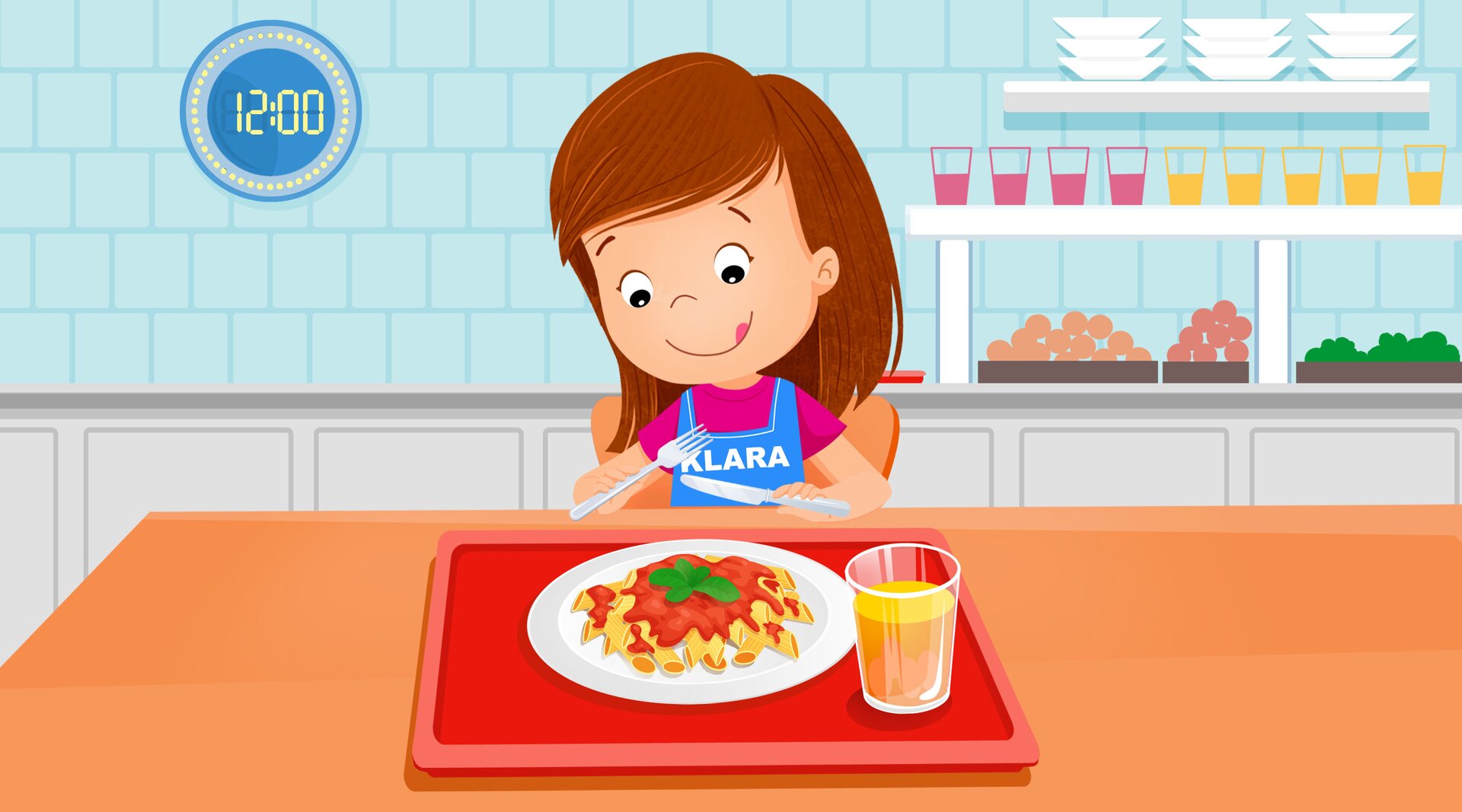 Na ilustracji znajduje się Klara, która je obiad.