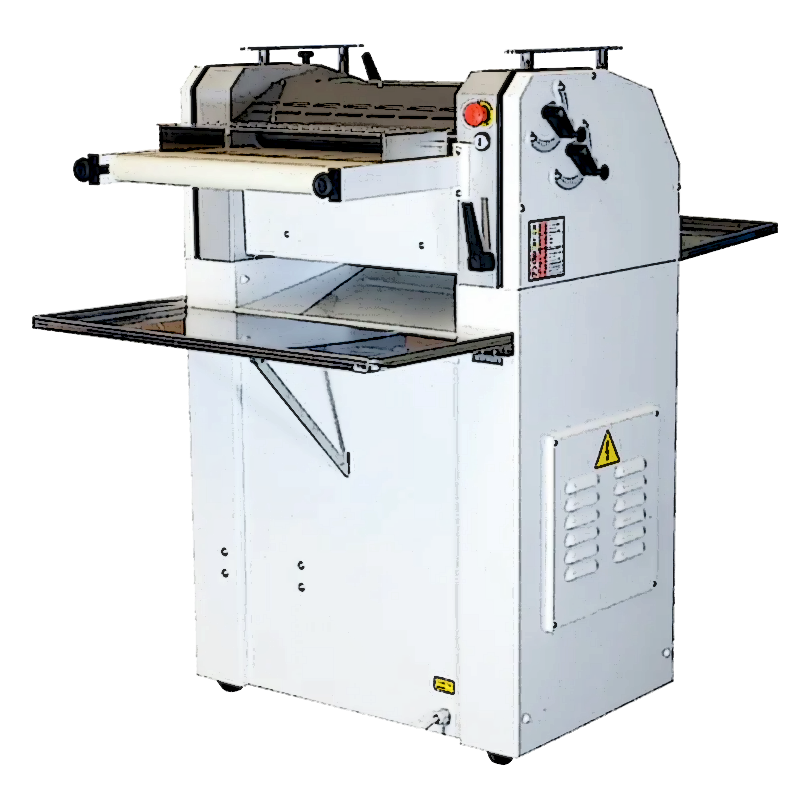 Grafika przedstawia rogalikarkę. Widoczne jest prostopadłościenne urządzenie, w dolnej części z obudową z klapą wentylacyjną z boku. W górnej części, z tyłu, znajduje się poziomy, prostokątny stół uchylnego, zaś z przodu, po przeciwległej stronie,  u góry, widoczna jest pozioma taśma podawcza. Poniżej taśmy widoczny jest poziomy stolik, na który z taśmy spadają gotowe, zwinięte kęsy ciasta. Po prawej stronie, u góry obudowy, widoczny jest panel sterujący z przyciskami. 