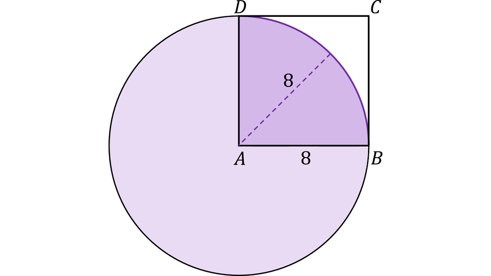 Rysunek przedstawia kwadrat ABCD, gdzie A jest środkiem okręgu, a wierzchołki B i D leżą na okręgu.
Bok AB ma długość 8. Część wspólna koła o środku w A i kwadratu jest zacieniowana na fioletowo. Narysowano też promień wycinka koła będącego częścią wspólną tych figur.