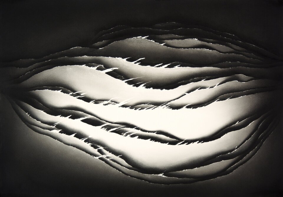 Ilustracja przedstawia nienazwaną pracę Jarosława Grulkowskiego z cyklu „Przekrój poprzeczny przez wnętrze chmury”. Rysunek został wykonany za pomocą węgla, charakteryzuje się zróżnicowaną grubością kresek, które swoim kształtem przypominają kłębiące się fale. 