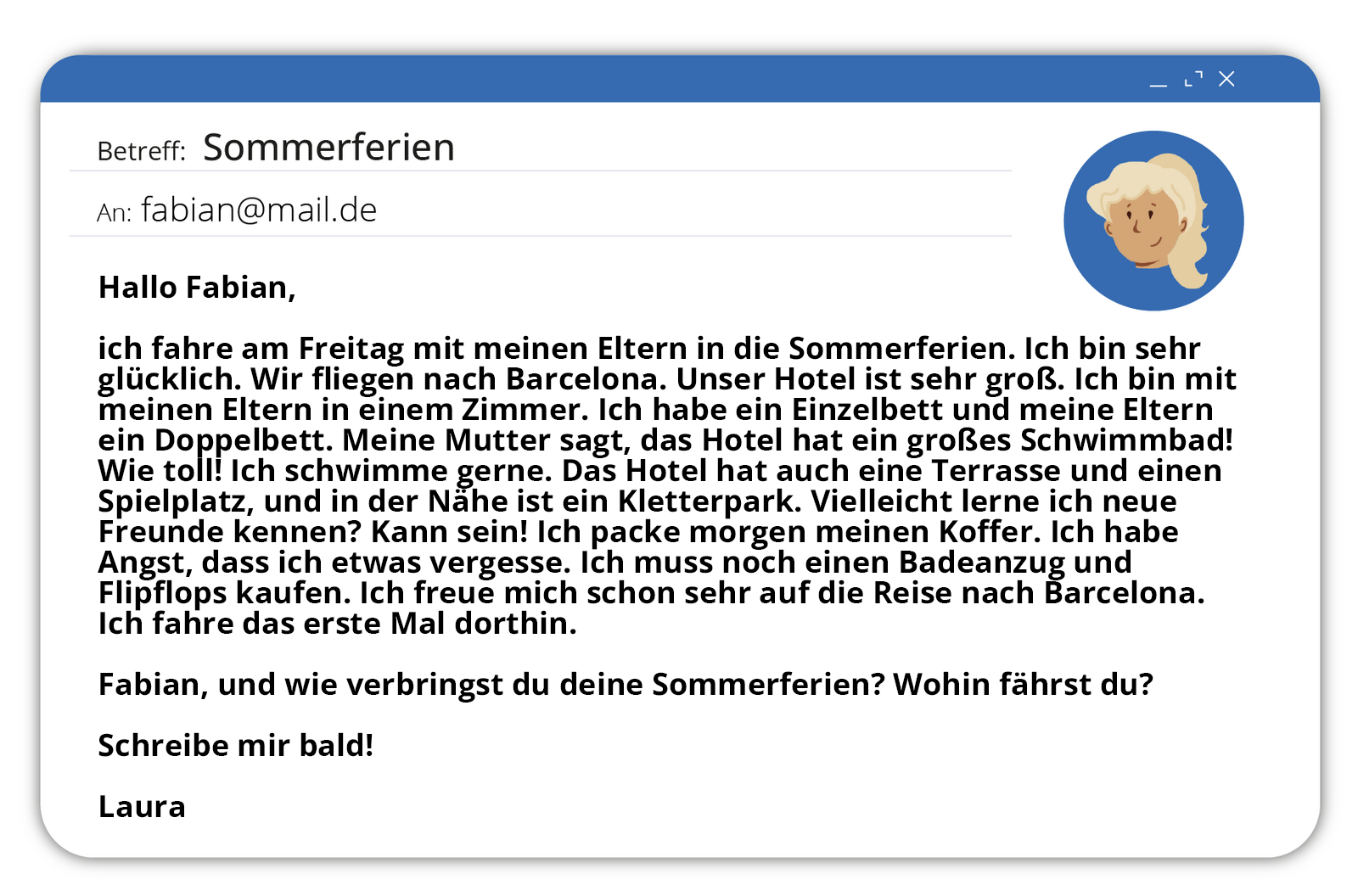 Ilustracja przedstawia e-mail pod tytułem Sommerferien. Transkrypcja wiadomości dostępna jest poniżej.
