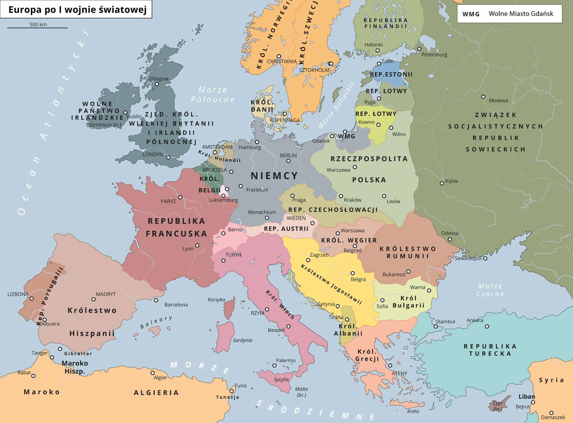 Mapa przedstawia Europę po pierwszej wojnie światowej. Na zachodzie są następujące państwa: Republika Portugalii, Królestwo Hiszpanii, Republika Francuska, Zjednoczone Królestwo Wielkiej Brytanii i Irlandii Północnej, Wolne Państwo Irlandzkie, Królestwo Belgii, Królestwo Holandii, Niemcy. W części środkowej i środkowo‑wschodniej są to: Rzeczpospolita Polska, Wolne Miasto Gdańsk, Republika Łotwy, Republika Estonii, Związek Socjalistycznych Republik Sowieckich, Republika Czechosłowacji, Republika Austrii, Królestwo Węgier. W części południowej i południowo‑wschodniej są to: Królestwo Rumunii, Królestwo Bułgarii, Królestwo Jugosławii, Królestwo Włoch, Królestwo Albanii, Królestwo Grecji, Republika Turecka. Na północy są to: Królestwo Danii, Królestwo Norwegii, Królestwo Szwecji, Republika Finlandii.
