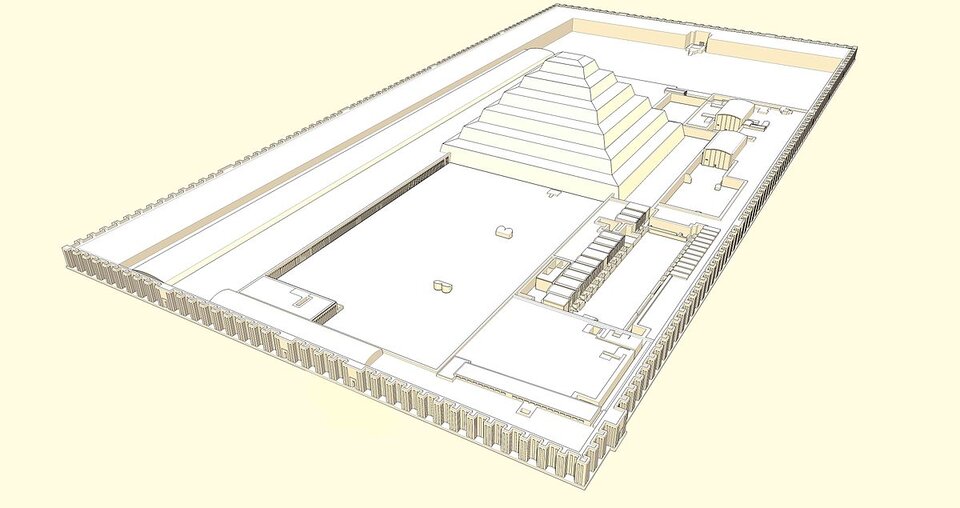 Na ilustracji znajduje się trójwymiarowy plan piramidy Neczeri‑cheta. Kompleks jest otoczony niskim grubym murem. W jego głównej części widoczna jest wysoka piramida. Przed nią znajduje się duży plac, a po jej lewej stronie grupa budynków.