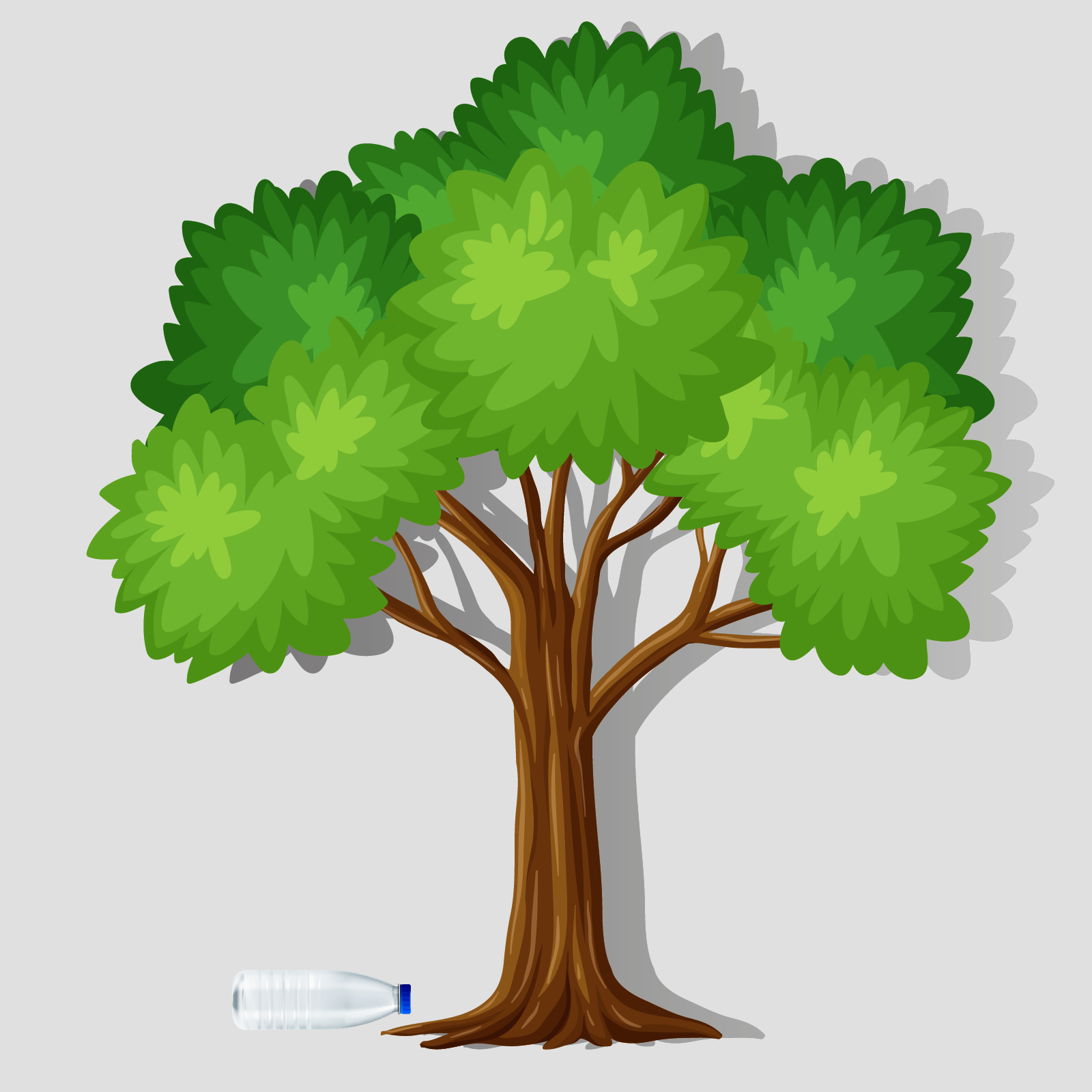 Ilustracja ukazuje drzewo, pod którym leży plastikowa butelka. 