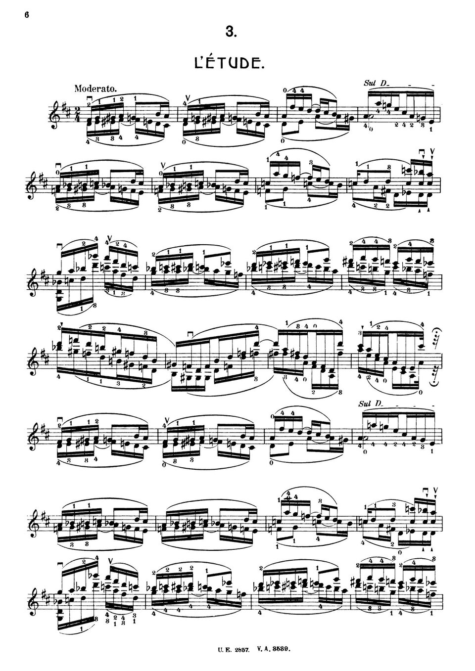 Ilustracja przedstawia zapis nut utworu Henryka Wieniawskiego, „L'école moderne. Études‑caprices pour le violon seul” op. 10, „Etiuda D‑dur” nr 3, t. 1–16, dwudźwięki.