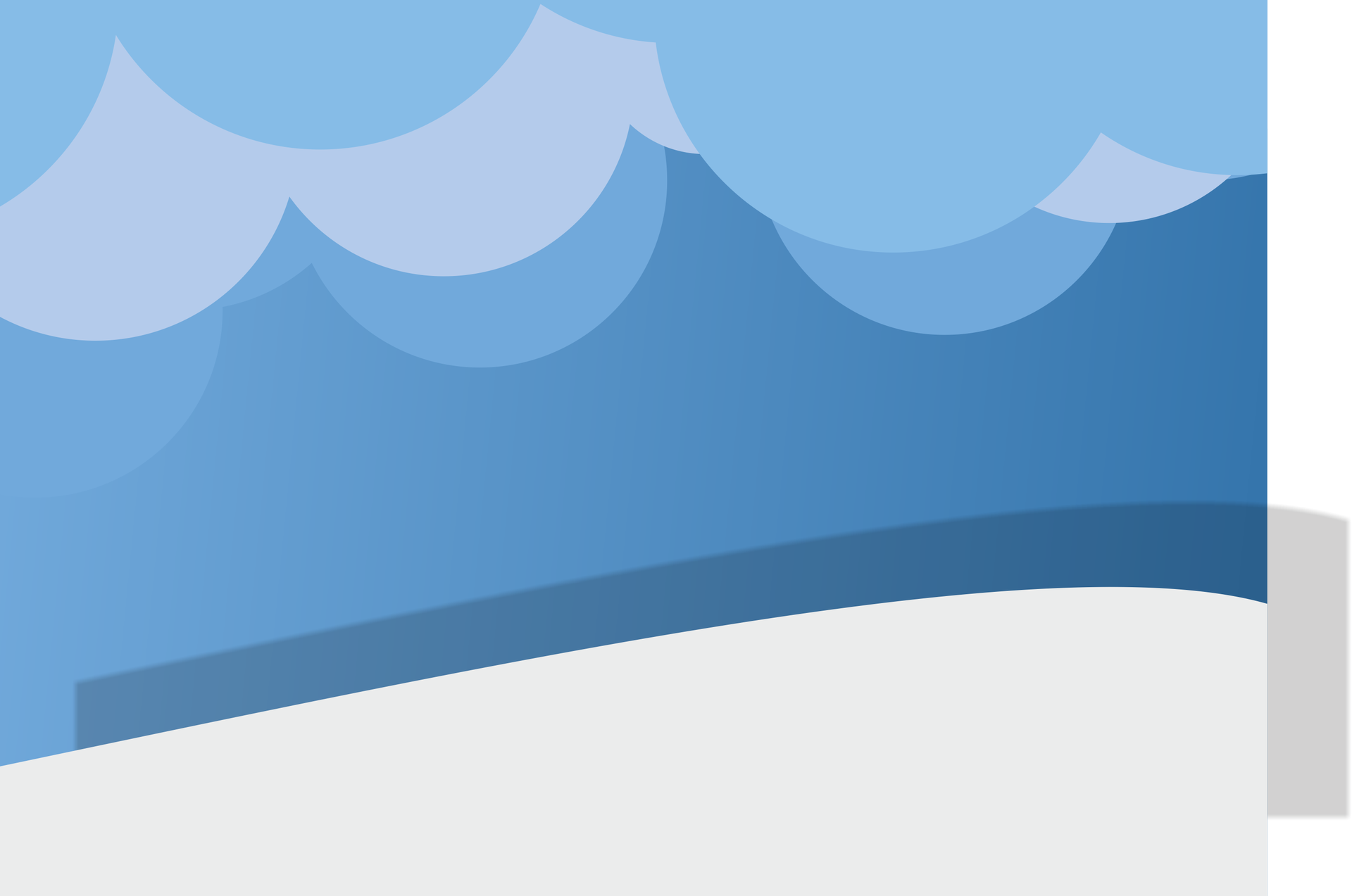 Obraz przedstawia gradient z koloru jasnoniebieskiego do lekko ciemniejszego niebieskiego odcieniu. Na górnej krawędzi rozmieszczono różne okręgi, które poprzez nakładanie się na siebie i różne kolory dla każdej warstwy tworzą chmury, których kolory to różne odcienie niebieskiego, od ciemniejszego, do jaśniejszego. U dołu obrazu umieszczono lekko pochyloną linię, od lewej do prawej wzrasta, następnie poprzez zagięcie, opada nieznacznie. Wypełniono przestrzeń pod nią kolorem jasnoszarym, w ten sposób utworzono ośnieżone zbocze.