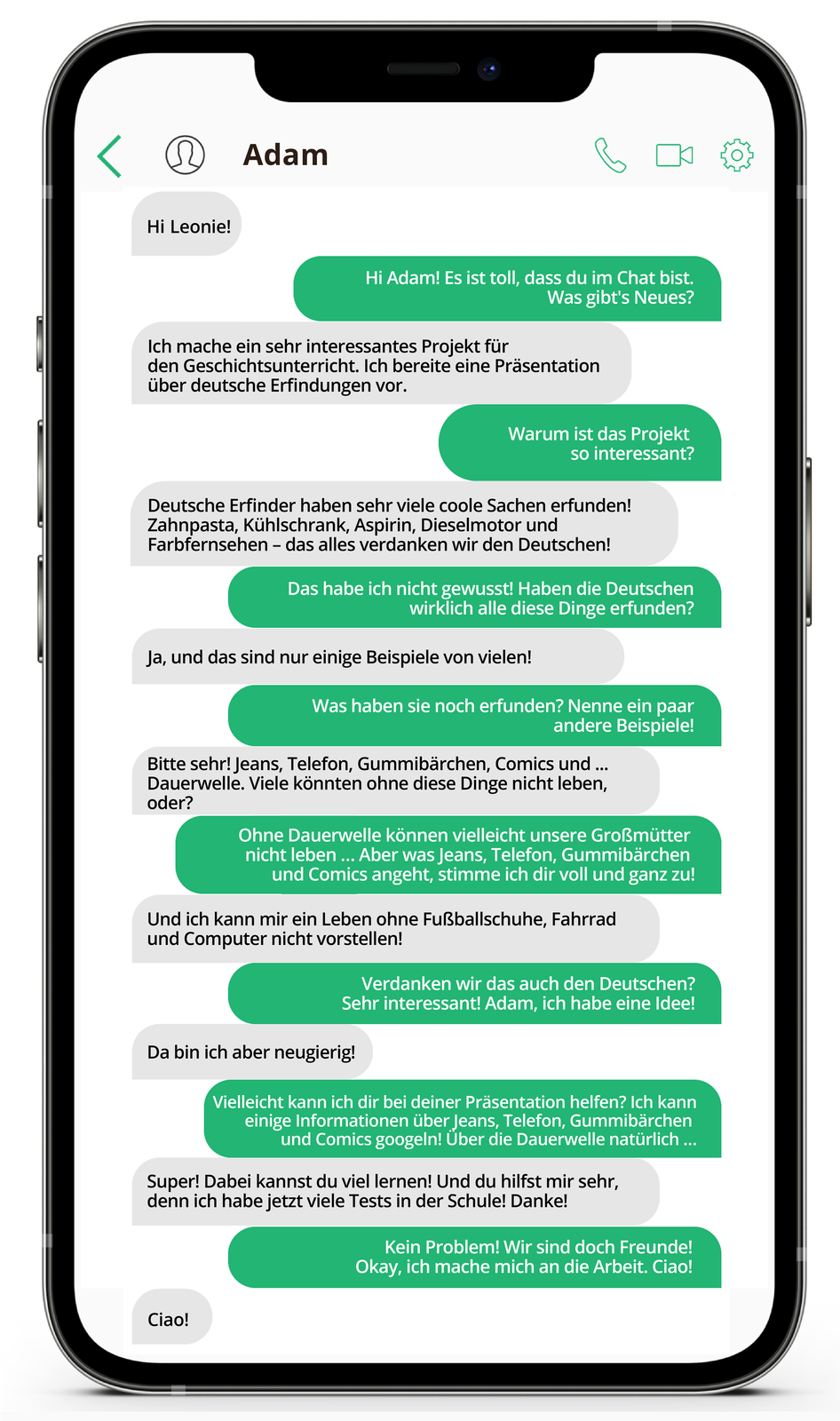 Ilustracja przedstawia wymianę wiadomości tekstowych na telefonie komórkowym. Transkrypcja jest dostępna poniżej.