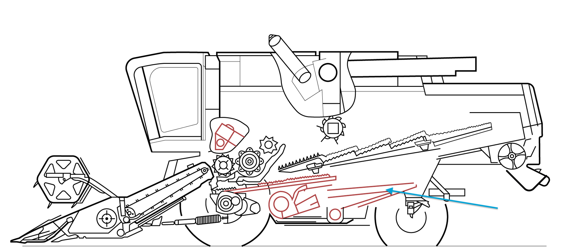Grafika przedstawia schemat budowy kombajnu zbożowego. Kolorem czerwonym zaznaczono zespół czyszczący. Niebieską strzałką wskazany został jeden z elementów budowy zespołu młócącego – kosze sitowe. Znajdują się one za podsiewaczem. Są to dwa sita ustawione w kolumnie – sito górne oraz sito dolne. Dodatkowo sito górne posiada przedłużenie w postaci sita kłosowego.
