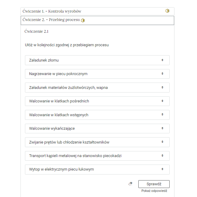 Zdjęcie przedstawia otwartą zakładkę z przykładowym zadaniem. Pod nazwą zakładki znajduje się polecenie. Pod poleceniem widać treść zadania z odpowiedziami do uporządkowania. Po prawej stronie polecenia widać zielony sześciokąt. Poniżej zadania, po prawej stronie panelu znajduje się ikona sprawdź. Po jej lewej stronie widać symbol gumki. Poniżej przycisku sprawdź znajduje się napis pokaż odpowiedź.