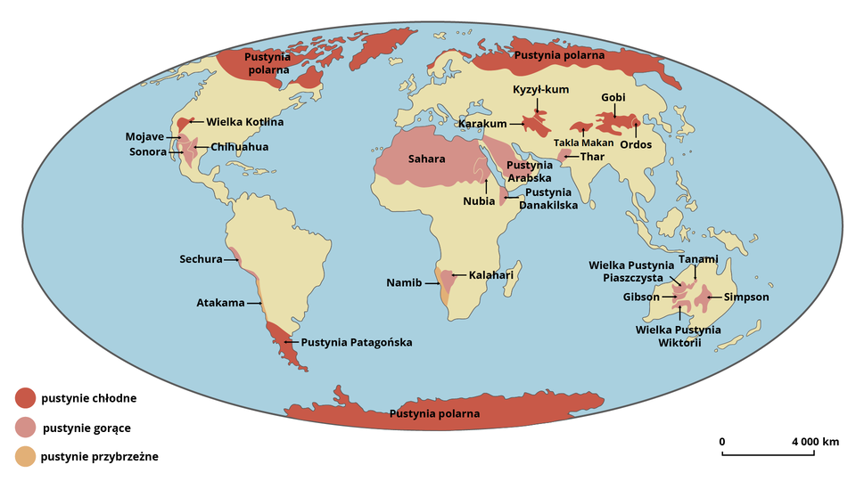 Mapa świata przedstawia zasięg obszarów pustynnych. Kontynenty oznaczone są kolorem żółtym, morza i oceany kolorem niebieskim. Pod mapą znajduje się legenda. Kolorem czerwonym oznaczone są pustynie chłodne: Pustynia polarna na północy Ameryki Północnej i na północy Azji, Wielka Kotlina w środkowo‑wschodniej części Ameryki Północnej, Pustynia Patagońska położona w południowej części Ameryki Południowej, Pustynia polarna umiejscowiona na Antarktydzie, oraz pustynie Karakum, Kyzyl‑kum, Takla Makan, Gobi i Ordos położone w środkowej Azji. Kolorem różowym oznaczone są pustynie gorące: Sonora, Mojave  i Chihuahua  w południowej części Ameryki Północnej, Sechura położona na zachodnim wybrzeżu Ameryki Południowej, Sahara, Nubia i Pustynia Danakilska umiejscowiona w południowej części Afryki i Kalahari położona na południu kontynentu afrykańskiego, Pustynia Arabska położona na Półwyspie Arabskim, Thar  w południowej części Azji oraz Wielka Pustynia Piaszczysta, Wielka Pustynia Wiktorii, Pustynia Gibson, Tanami i Simpson położone w centralnej części Australii. Kolor pomarańczowy oznacza pustynie przybrzeżne – położoną na zachodnim wybrzeżu Ameryki Południowej pustynię Atakama oraz na zachodnim wybrzeżu Afryki pustynię Namib. 