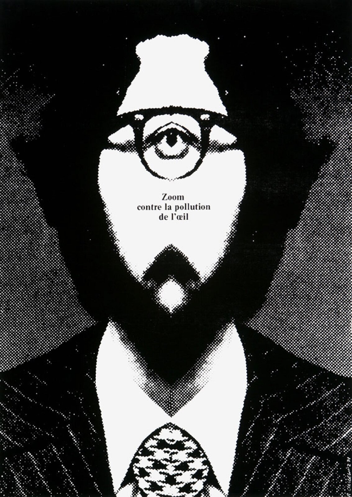 Ilustracja przedstawia plakat „ Zoom contre la pollution de l'oeil ”[czytaj zum kontr la polusją de lej], autorstwa Romana Cieślewicza. Czarno‑biała grafika ukazuje portret mężczyzny. Jego twarz zredukowana została do białej plamy, otoczonej czarnymi włosami i brodą, pośrodku której mieści się jedno oko w pojedynczym okularze. Mężczyzna nosi prążkowanym garnitur, pod szyją zawiązany ma duży krawat w czarno‑białe wzorki. Na środku białej twarzy bez nosa umieszczony został mały napis „ Zoom contre la pollution de l'oeil ” [czytaj zum kontr la polusją de lej].
