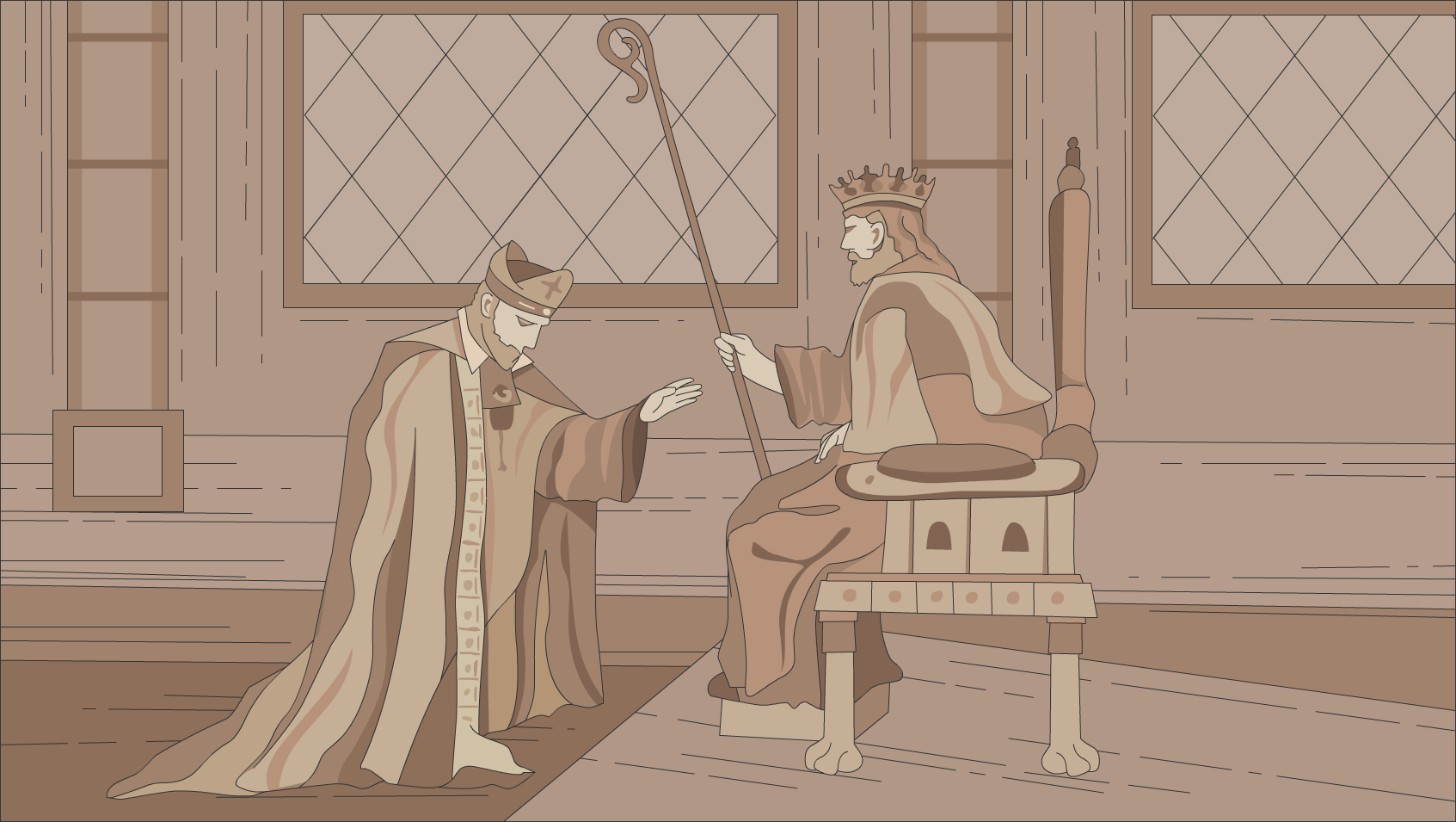 Przedstawia scenę nadania lenna biskupowi w postaci wręczenia pastorału. Władca siedzi na tronie w centrum i przekazuje klęczącemu duchownemu pastorał. 