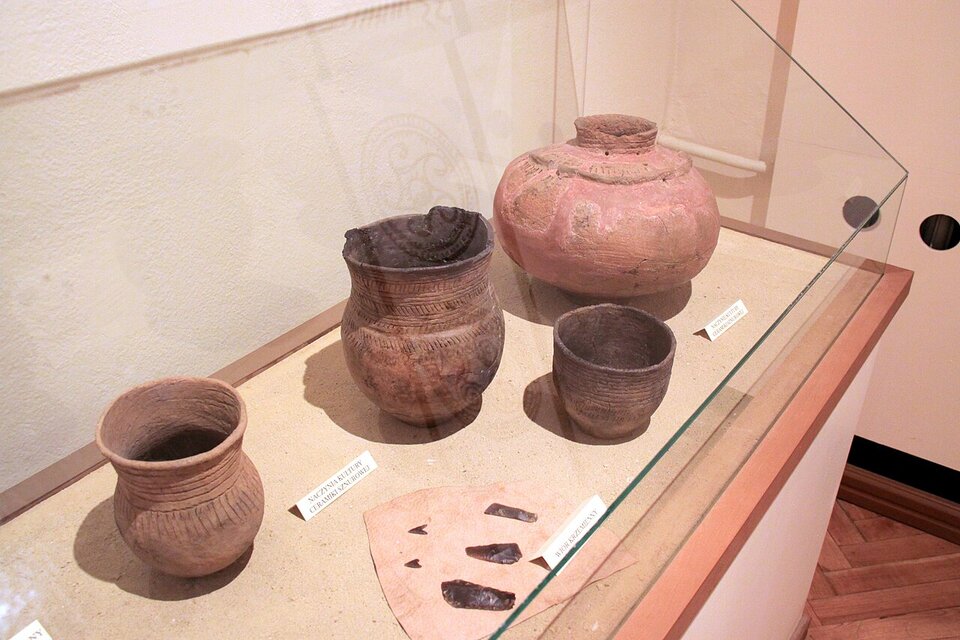 Zdjęcie przedstawia ekspozycję muzealną z zabytkowymi naczyniami glinianymi, umieszczonymi w oszklonej gablocie. Pochodzą one z tzw. kultury ceramiki sznurowej, co potwierdza podpis przy jednym z naczyń: „Naczynia kultury ceramiki sznurowej”. Są to naczynia prehistoryczne, wykonane ręcznie z gliny i ozdobione charakterystycznym ornamentem odciskanym za pomocą sznurka. Na fotografii znajduje się kilka typów naczyń. Z przodu po lewej stronie ustawione jest naczynie z szerokim wylewem i ozdobnymi żłobieniami. Obok – nieco większe, bardziej pękate naczynie z bogatym ornamentem sznurowym, a z tyłu po prawej – większe naczynie z grubszymi ściankami i śladami użytkowania. Po prawej stronie z przodu znajduje się mniejsze naczynie również zdobione sznurowo, fragment glinianej płytki z ostrzami krzemiennymi, podpisany jako „Wióry krzemienne”.