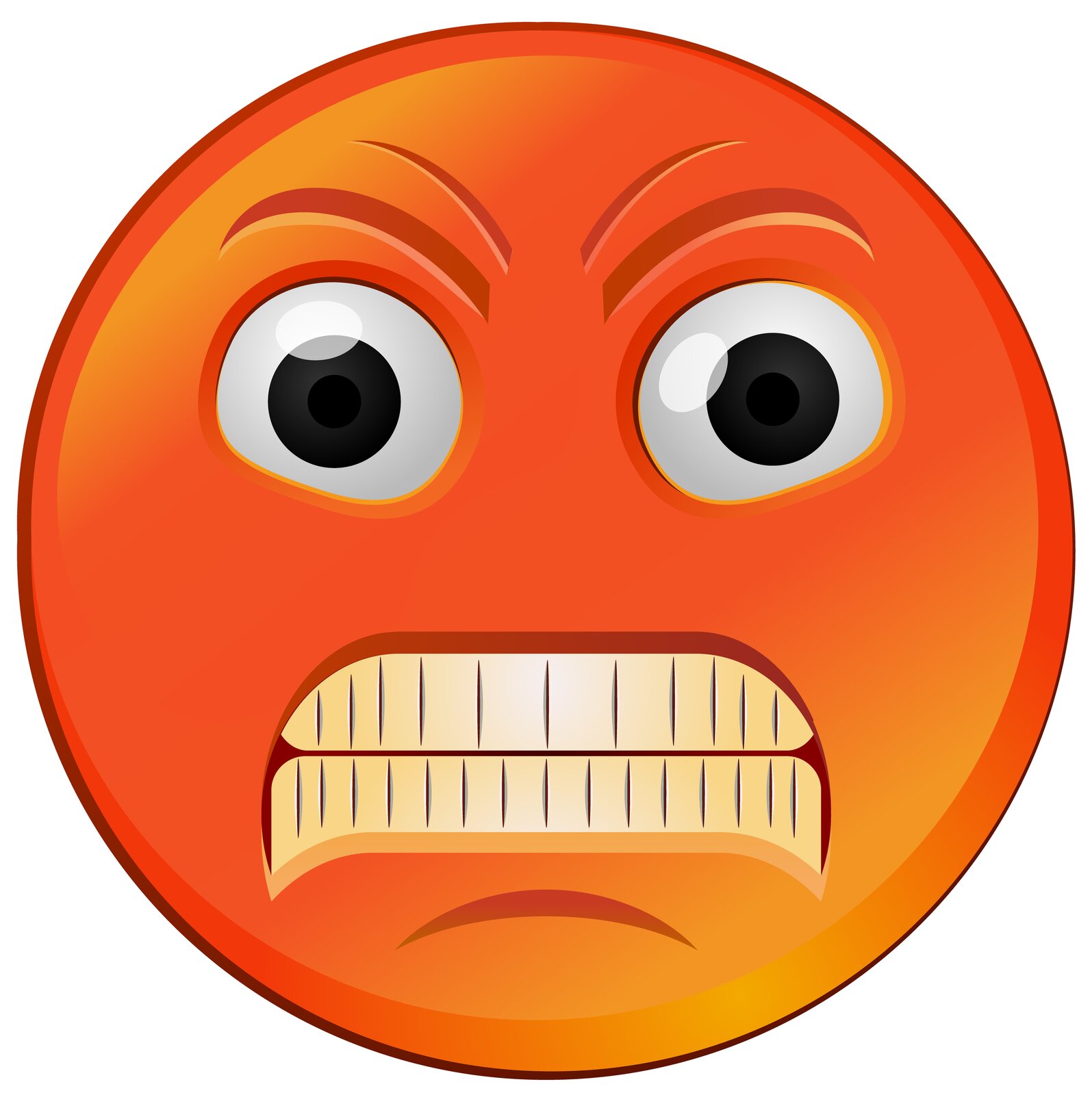 Ilustracja przedstawia emotikonę symbolizującą złość. Ikonka ma kształt koła, jest koloru pomarańczowo-czerwonego i ma mocno wyszczerzone zęby.