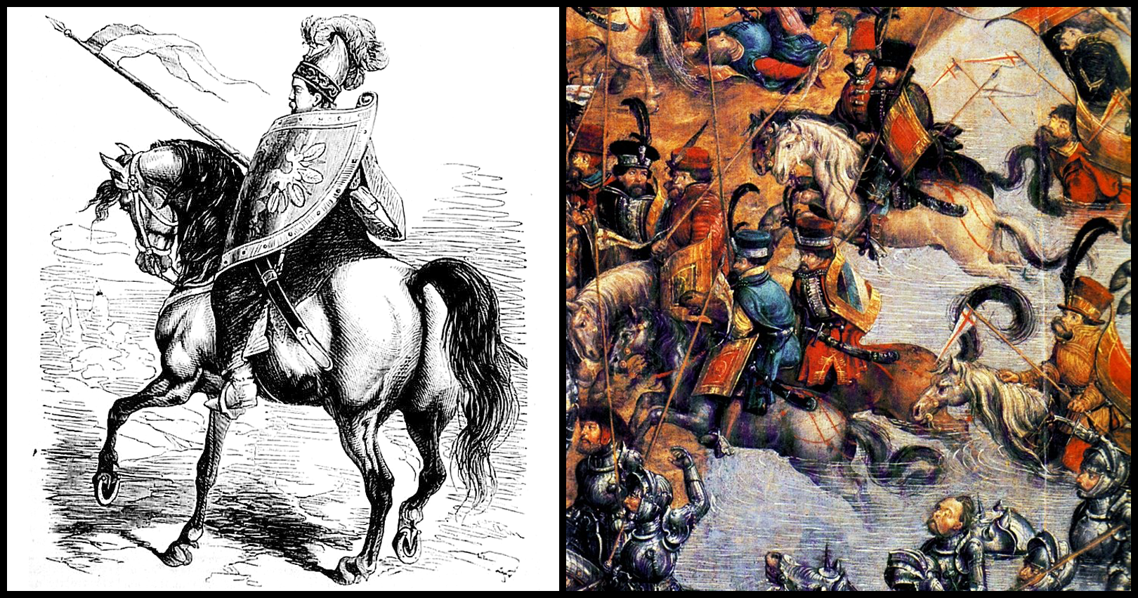 Grafika składa się z dwóch ilustracji, które prezentują jazdę polską: husarzy i kopijników (z rycerstwa). Po lewej ukazano sylwetkę husarza z lekkozbrojnej jazdy rackiej. Siedzi na koniu. W prawej dłoni dzierży kopię z proporczykiem. W lewej trzyma dużą tarczę turecką z wyrytym godłem. Przy lewym boku ma szablę. Na głowie nosi hełm z pióropuszem. Ilustracja z prawej prezentuje przeprawę polskiej jazdy przez Dniepr w czasie bitwy pod Orszą w 1514 roku. Husarzy charakteryzuje obecność kopii z proporczykami, na których widnieje krzyż. Nie są oni opancerzeni jak kopijnicy (z rycerstwa), którzy noszą zbroję. 