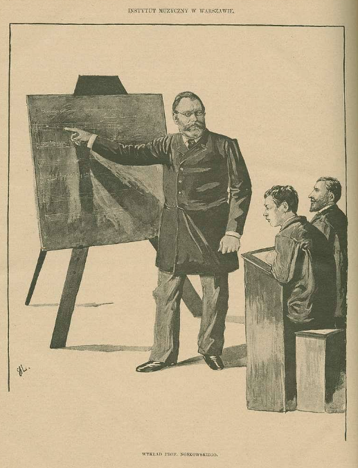 Ilustracja przedstawia rycinę pt. Lekcja prof. Noskowskiego w Instytucie Muzycznym w Warszawie. Pochodzi z 1889 r. Przedstawia mężczyznę  z brodą, w okularach i w przedłużonym surducie, wskazującego prawą ręką na tablicę szkolną. Tablica stoi na trójnogu. W ławce szkolnej siedzą dwaj dorośli mężczyźni, patrząc na tablicę.