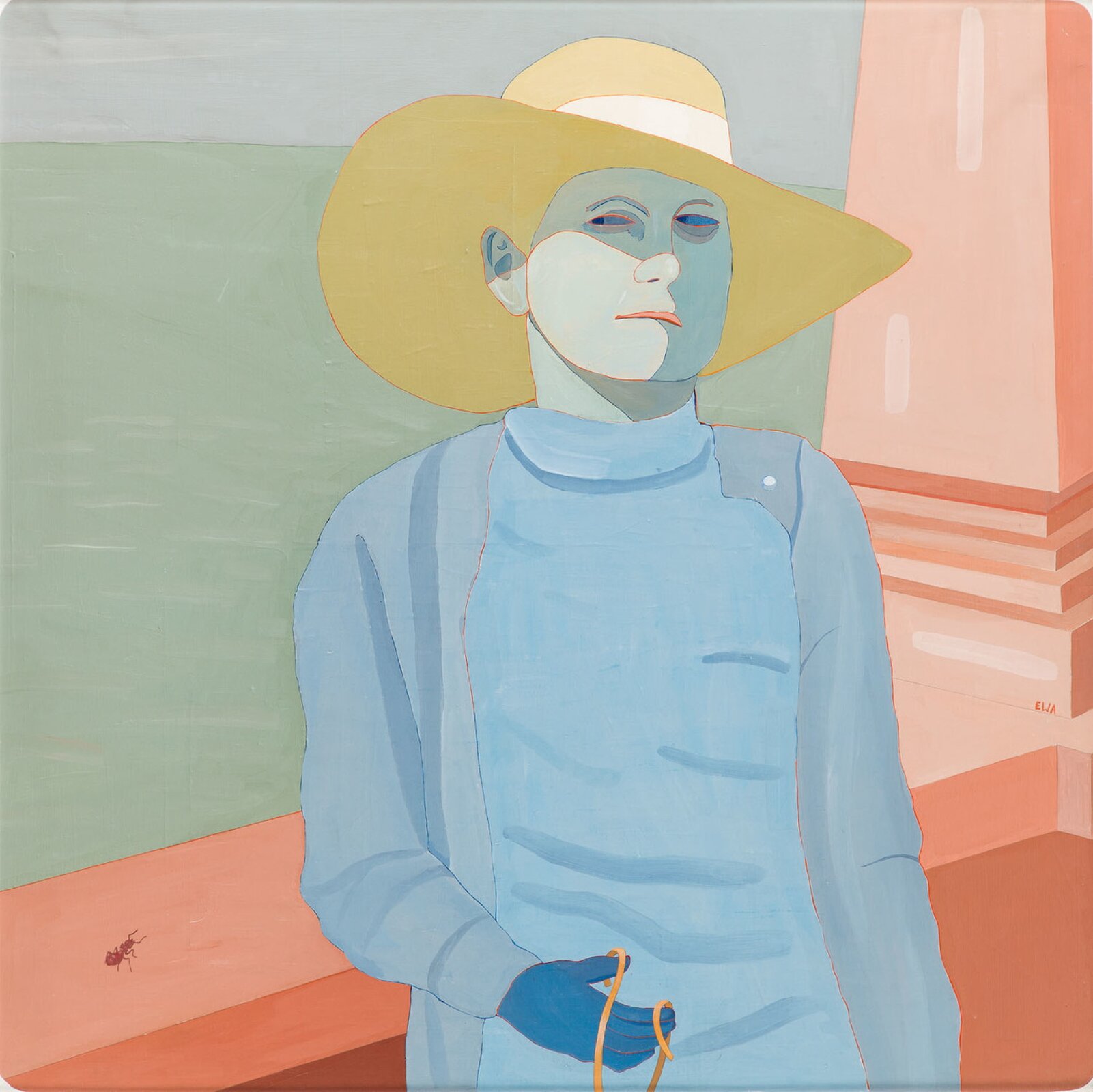 Dzieło przedstawia postać na tle pomarańczowego muru budynku oraz zielonego trawnika, nad którym przedstawiono szare niebo. Postać, mająca na sobie niebieską bluzkę lub sukienkę z golfem, rozpięty niebieski sweter oraz żółty kapelusz z szerokim rondem, ukazana jest na wprost, patrząc w bok spod lekko przymrużonych powiek. Jej skóra jest w chłodnym, jasnoniebieskim odcieniu koloru niebieskiego, a przygryzione usta – różowo‑pomarańczowe. Białka oczu również są niebieskie. Włosy postaci są niewidoczne. W tle, na murze, z lewej strony postaci została przedstawiona ciemnopomarańczowa mrówka. Całość obrazu namalowana została delikatnymi kolorami, płasko nakładanymi na powierzchnię obrazu.
