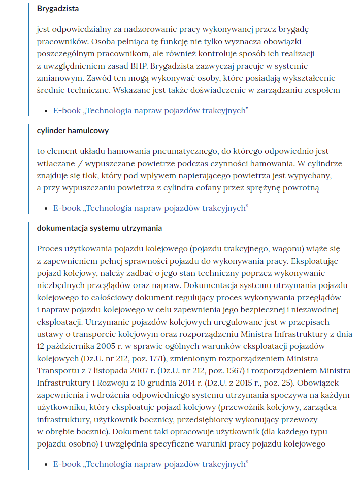 Zrzut ekranu przedstawia kilka pojęć ze Słownika. Konstrukcja jest następująca: pojęcie, poniżej jego wyjaśnienie, a pod nim znajduje się link, po którego kliknięciu użytkownik przenosi się do rozdziału w tym materiale, w którym dane pojęcie jest wykorzystywane. Linków może być jeden lub kilka, w zależności od tego, w ilu rozdziałach użyto pojęcia.