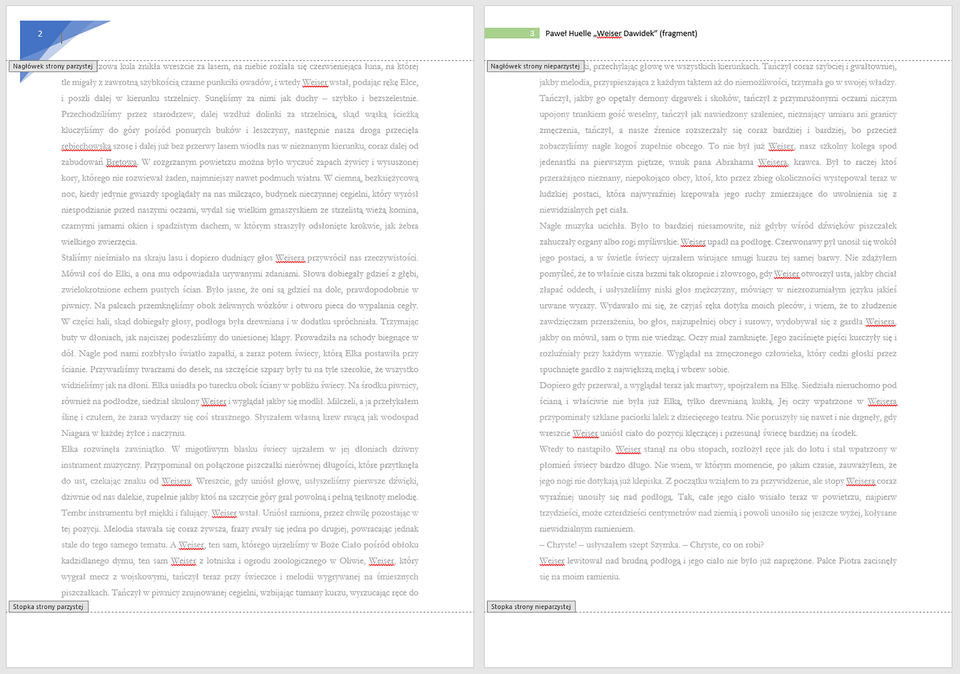 Ilustracja przedstawiająca dwie strony z tekstem obok siebie. Na stronach umieszczono etykiety obok nagłówków i stopek. Na pierwszej stronie etykiety to: Nagłówek strony parzystej i Stopka strony parzystej. Na drugiej stronie etykiety to: Nagłówek strony nieparzystej i Stopka strony nieparzystej. Strony różnią się wyglądem nagłówków. 