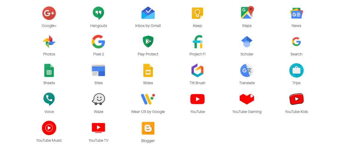  Ilustracja przedstawia oprogramowanie i usługi dostępne w chmurze Google: Google+, Hangouts, Inbox by Gmail, Keep, Maps, News, Photos, Pixels 2, Play Protect, Project FI, Scholar, Search, Sites, Slides, Tilt Brush, Translate, Trips, Voice, Waze, Wear OS by Google, YouTube, YouTube Gaming, YouTube Kids, YouTube Music, YouTube TV, Blogger.