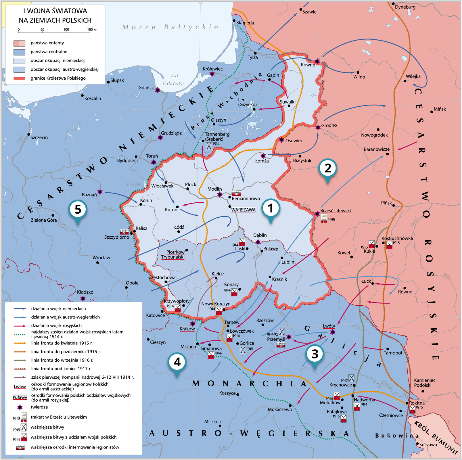 Infografika mapy przedstawiającej I wojnę światową na ziemiach polskich.