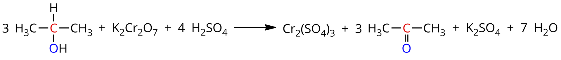 Ilustracja przedstawiająca schemat reakcji chemicznej utleniania alkoholu. Trzy cząsteczki propan-2-olu zbudowanego z grupy CH, w której atom wegla zaznaczony na czerwono podstawiony jest dwiema grupami metylowymi CH3 oraz grupą hydroksylową OH, w której atom tlenu zaznaczono na niebiesko. Dodać cząsteczkę K2Cr2O7, dodać cztery cząsteczki kwasu siarkowego(<math aria‑label="sześć">VI) H2SO4. Strzałka w prawo, za strzałką cząsteczka siarczanu(<math aria‑label="sześć">VI) chromu(<math aria‑label="trzy">III) Cr2SO43. Dodać trzy cząsteczki acetonu, czyli propanonu zbudowanego z atomu wegla zaznaczonego na czerwono połączonego za pomocą wiązania podwójnego z atomem tlenu zaznaczonym za niebiesko, oraz za pomocą wiązań pojedynczych z dwiema grupami metylowymi CH3. Dodać cząsteczkę siarczanu(<math aria‑label="sześć">VI) potasu K2SO4 dodać siedem cząsteczek wody H2O.  