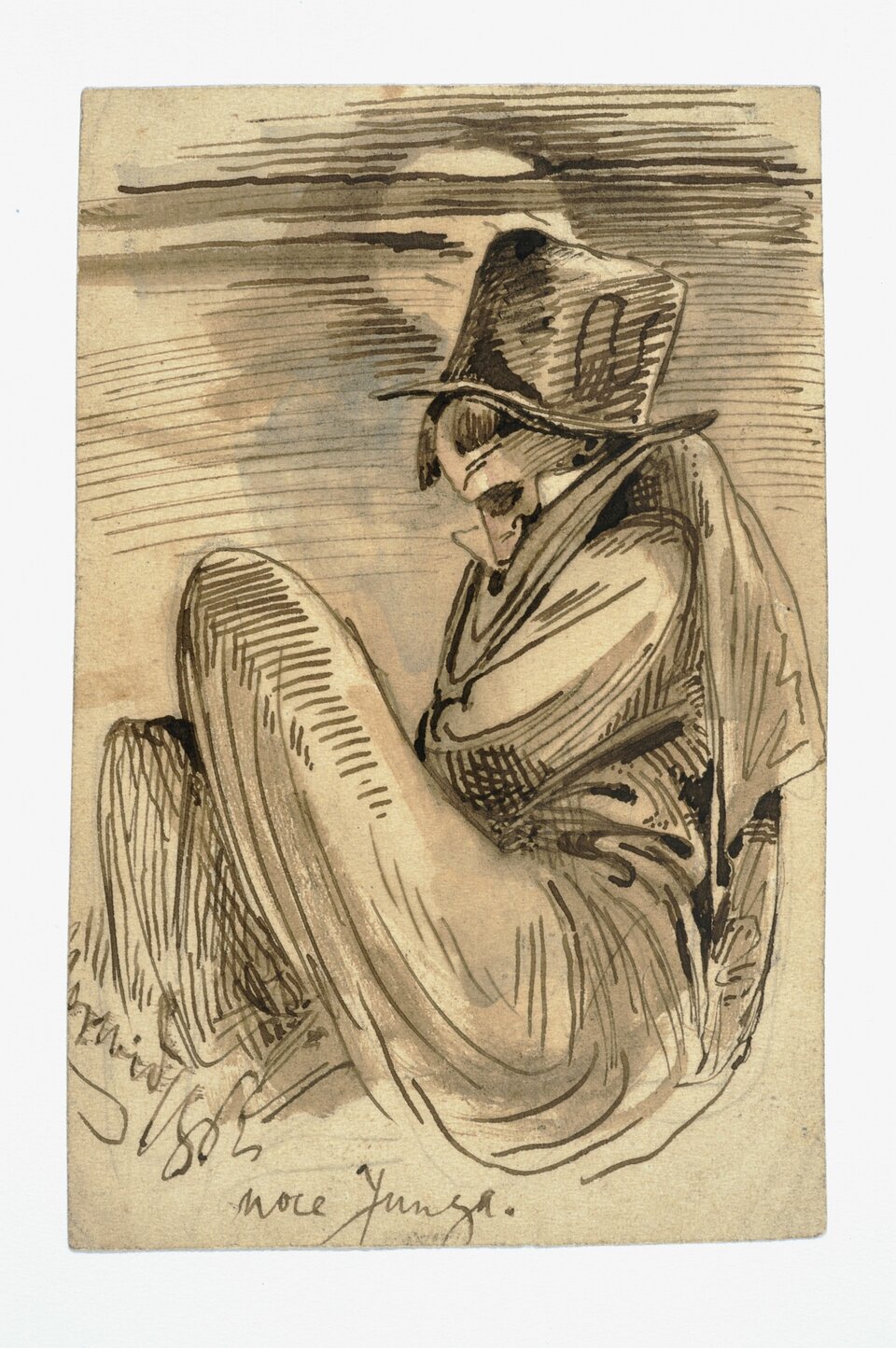 Ilustracja przedstawia siedzącego mężczyznę w płaszczu i kapeluszu. Głowa mężczyzny jest opuszczona, oparta na klatce piersiowej.