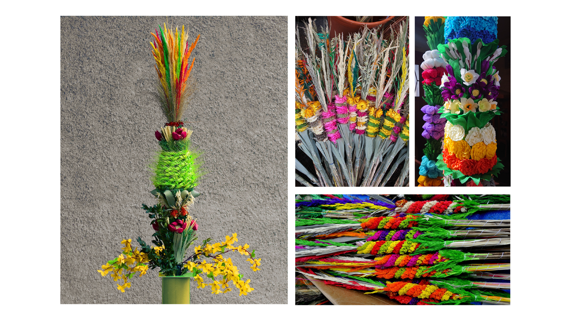 Kilka zdjęć przedstawiających palmy wielkanocne. Na pierwszym zdjęciu od lewej strony znajduje się jedna palma na tle szarej ściany. Jest bardzo kolorowa, wykonana z suszonych kwiatów, liści i kłosów zbóż. Na drugim zdjęciu znajduje się duża ilość kolorowych palm ułożonych blisko siebie. Trzecie zdjęcie przedstawia dwie palmy wykonane z wielokolorowych kwiatów i liści z papieru. Na ostatnim, czwartym zdjęciu widać dużą ilość cienkich, kolorowych palm wielkanocnych leżących na blacie.