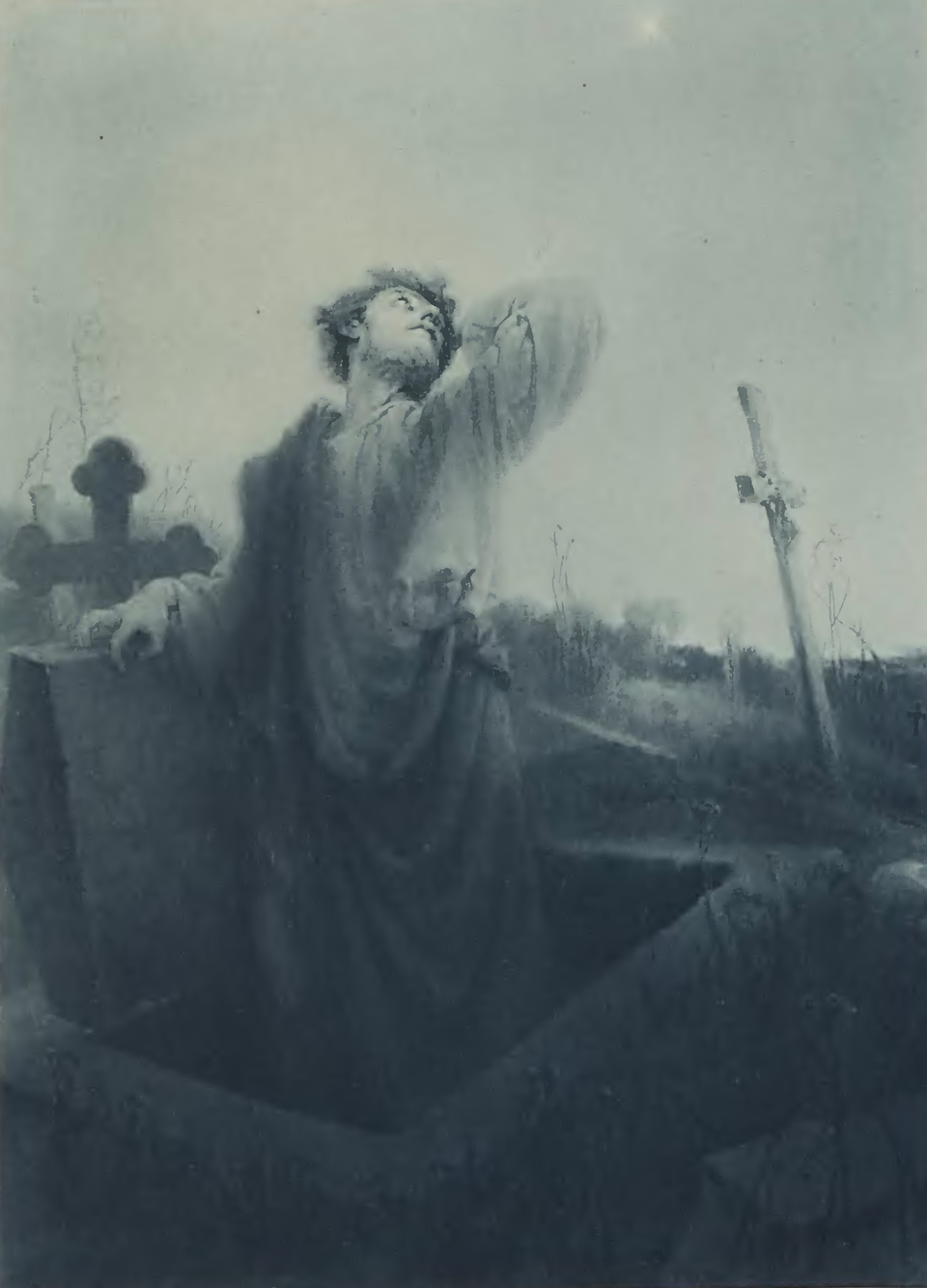 Obraz przedstawia stary cmentarz. Z murowanego grobu wyłania się postać mężczyzny w długiej szacie.