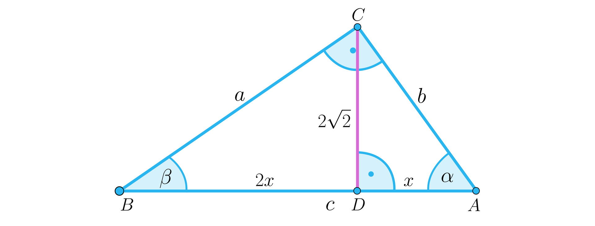 Ilustracja przedstawia trójkąt prostokątny A B C z kątem prostym przy wierzchołku C. Długość boku AB oznaczono literą c, długość boku AC oznaczono literą b natomiast długość boku BC oznaczono literą a. Z wierzchołka C opuszczono wysokość o długości 22, której spodek leży w punkcie D na boku A B.  Punkt D dzieli podstawę na odcinek BC o długości 2x oraz odcinek AD o długości x. Kąt C B A ma miarę beta, natomiast kąt B A C ma miarę alfa. 