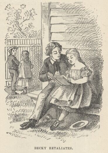 Czarno‑biała rycina przedstawia chłopca i dziewczynę - pochylają się razem nad książką. Siedzą na ławce przed drewnianym domem. Chłopiec ma krótkie, falowane włosy, marynarkę z żabotem i długie spodnie. Wygląda jakby tłumaczył coś dziewczynie. Dziewczyna, która trzyma książkę, ma długie, związane z tyłu włosy. Ma na sobie falbaniastą sukienkę i odkryte ramiona. W tle, przy płocie, widać chłopca, który spogląda w stronę czytających. Ma kaszkiet, marynarkę i spodnie w paski. Obok niego widać dziewczynkę, odwróconą tyłem do widza, która spogląda na chłopca. Ubrana jest w długi płaszcz, spod którego wystaje spódnica.