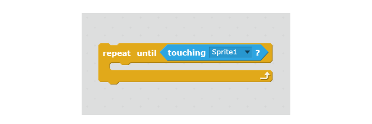 Na ilustracji przedstawiony jest bloczek „powtarzaj aż” z dodanym operatorem „dotyka duszka1”: repeat until touching Sprite1. Widoczne są polecenia w języku angielskim: repeat - until - touching - Spirit1.