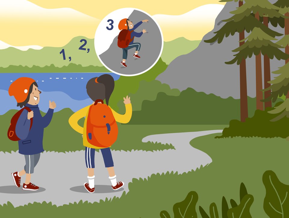 Na ilustracji widoczna jest dwójka nastolatków, którzy stoją na leśnej dróżce. Obok widoczne jest jezioro oraz góry. W górnej części ilustracji znajdują się liczby: jeden, dwa oraz trzy. Trójka wpisana jest w okienko, które przedstawia chłopca wspinającego się po górach.