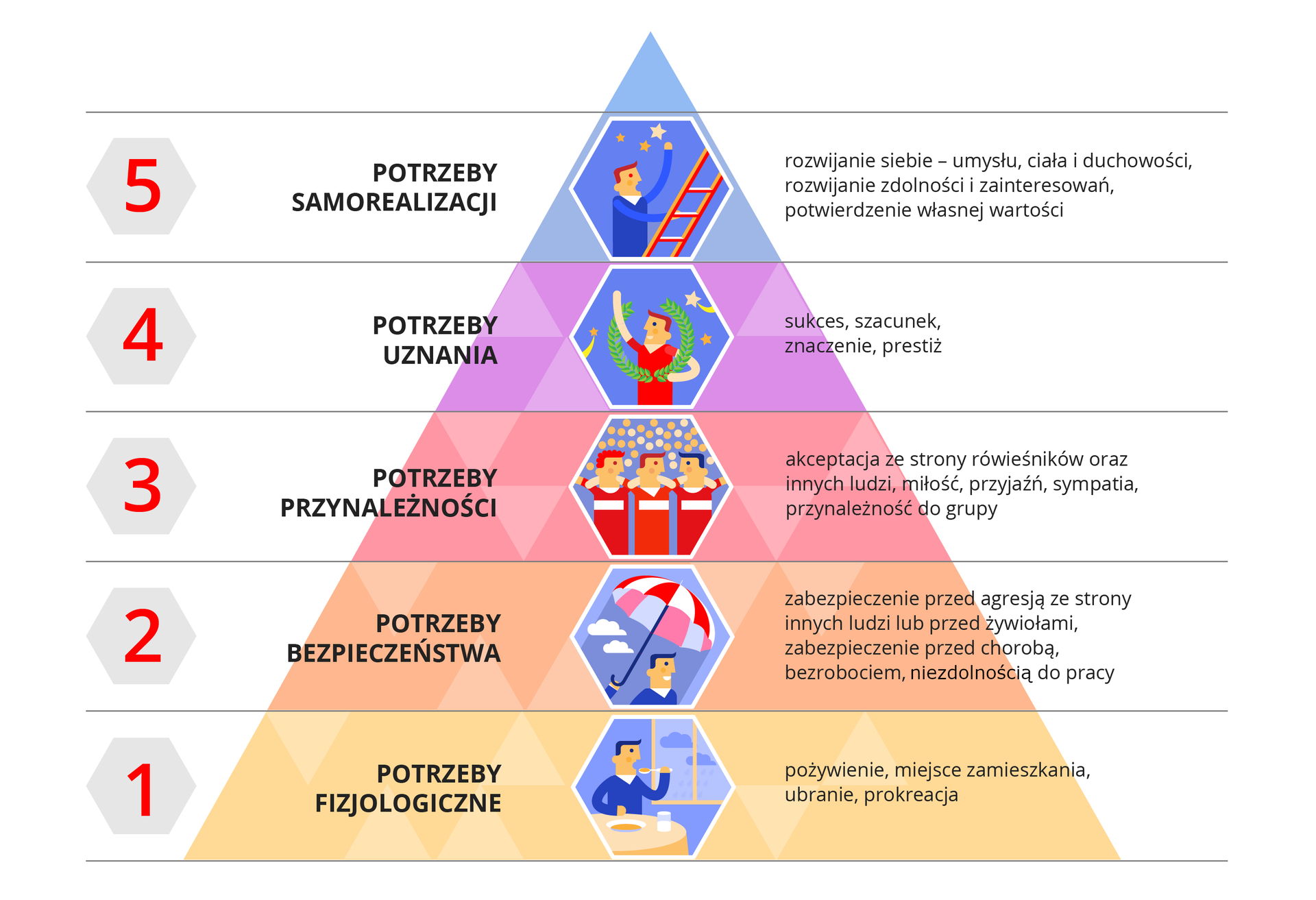 Kliknij żeby powiększyć Ilustracja to piramida składająca się z pięciu poziomych elementów. Piramida ma kształt trójkąta. Podstawa to poziom nr 1, są potrzeby fizjologiczne, takie jak pożywienie, ubranie. Na środku rysunek mężczyzny jedzącego posiłek. Drugi poziom to potrzeby bezpieczeństwa, takie jak zabezpieczenie przed chorobą. Na środku poziomu rysunek mężczyzny trzymajacego parasol. Trzeci poziom to potrzeby przynależności, takie jak aceptacja ze strony rówieśników. Na środku poziomu ilustracja trzech piłkarzy stojących obok siebie. Czwarty poziom to potrzeby uznania. To sukces, szacunek. Na środku rysunek zawodnika z wieńcem laurowym na ramionach. Piąty poziom to potrzeby samorealizacji. To rozwijanie zdolności, zainteresowań. Na rysunku mężczyzna wspina się po drabinie i sięga gwiazd.