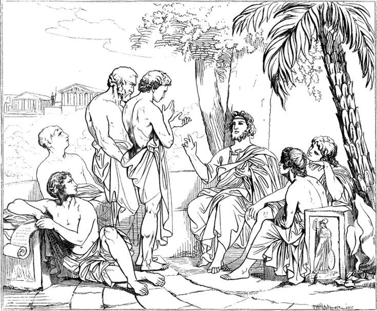Rysunek przedstawia grupę mężczyzn, którzy są ubrani w togi. Dwóch mężczyzn żywo ze sobą dyskutuje, a reszta patrzy na nich i się im przysłuchuje. Większość mężczyzn siedzi, dwóch stoi. Grupa znajduje się pod drzewem i palmą. W tle znajdują się antyczne zabudowania.