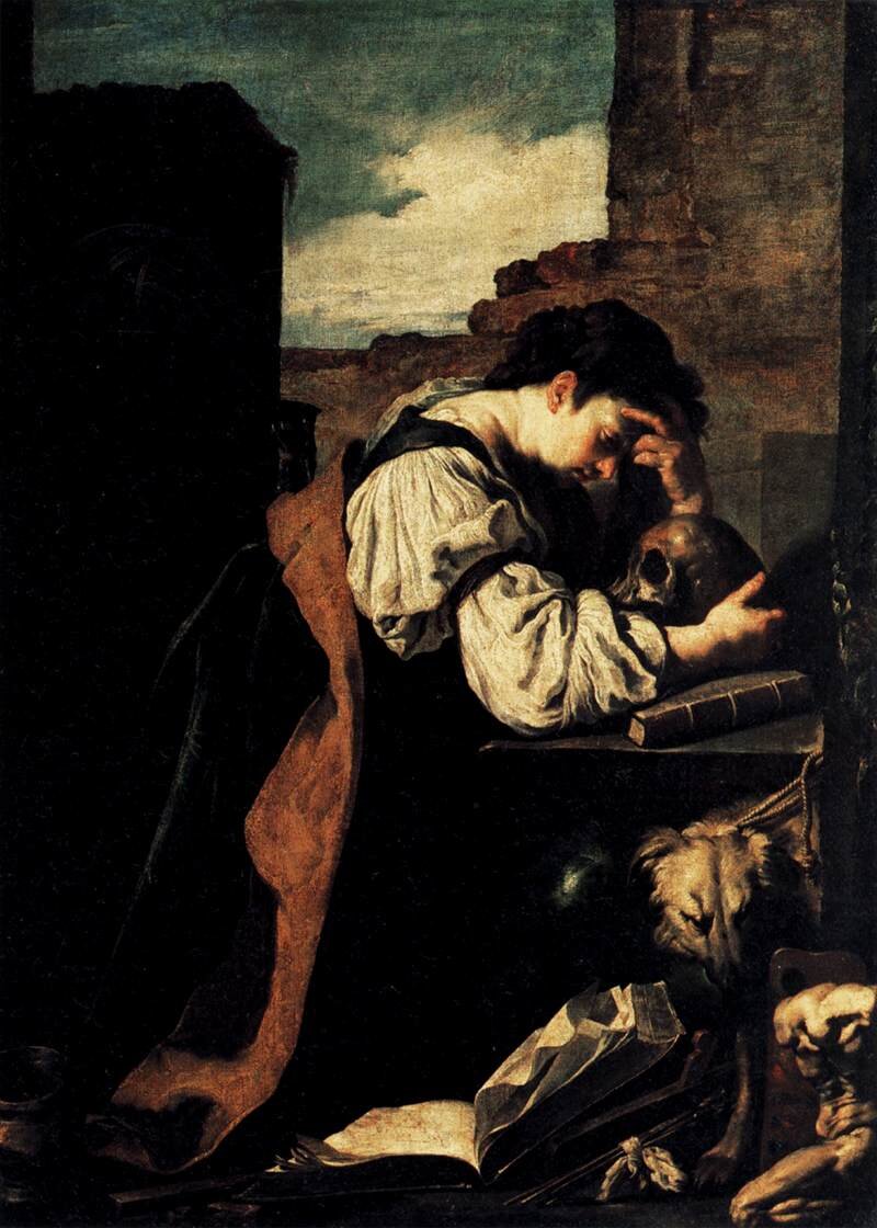 Ilustracja przedstawia siedzącego młodego mężczyznę. Postać ukazuje prawy profil.  Ma krótkie, kręcone włosy. Czoło i oczy mężczyzny są zacienione. Nos jest mały. Postać opiera czoło o lewą rękę. Prawą rękę kładzie na książce leżącej na komodzie. Obok leży ludzka czaszka. Przy meblu stoi pies. Mężczyzna jest ubrany w obszerną koszulę. Na lewym ramieniu wisi płaszcz. W tle fragment ruin i zachmurzone niebo.