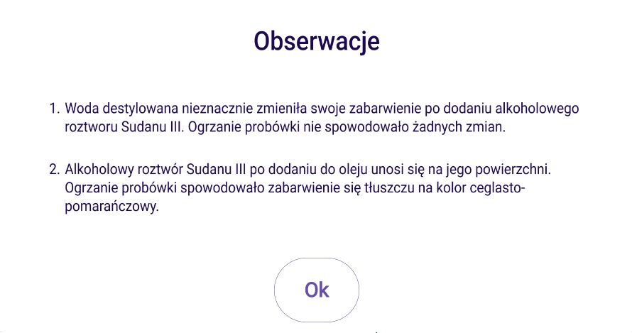Ilustracja przedstawia okno dotyczące Obserwacji. Znajdują się tu dwie spisane obserwacje i przycisk "OK".