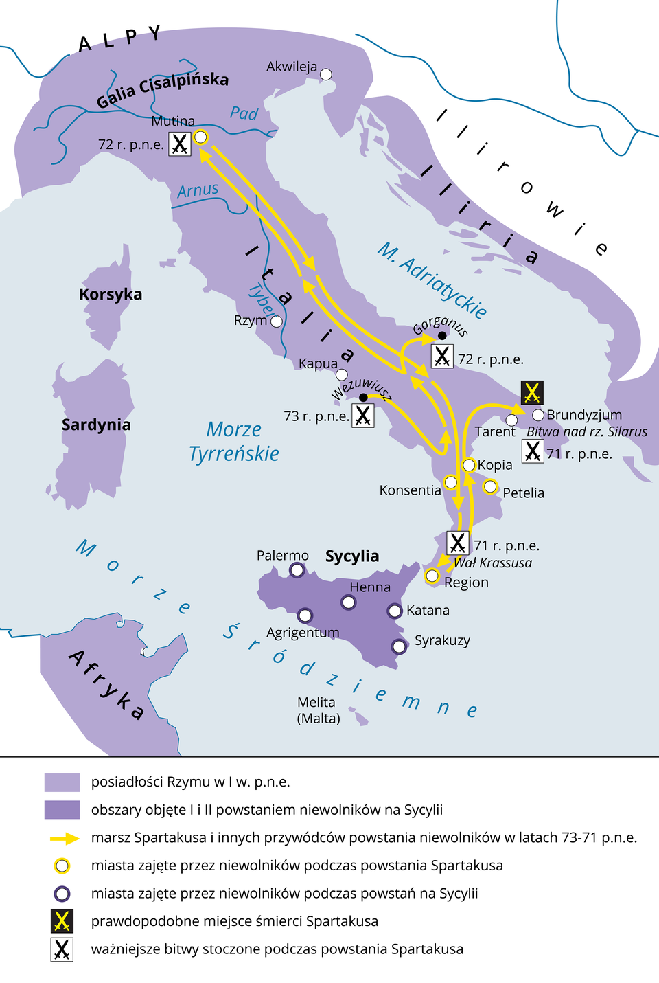 Mapa przedstawia posiadłości Rzymu w pierwszy wieku przed naszą erą. Należały do nich tereny całych współczesnych Włoch nazywane wtedy Italią. Wyspy: Korsyka, Sardynia, północno‑wschodnie wybrzeże Afryki (współczesna Tunezja) oraz wschodnie wybrzeże Morza Adriatyckiego, tam gdzie współcześnie znajduje się Chorwacja. Na mapie zaznaczono obszary objęte pierwszym i drugim powstaniem niewolników na Sycylii należy do nich Cała wyspa Sycylia z miastami zajętymi przez niewolników podczas powstań na Sycylii, to jest: Palermo, Henna, Katana, Syrakuzy, Agrigentum. Miasta zajęte przez niewolników podczas powstania Spartakusa to: Mutina, Region, Petelia, Kopia, Konsentia. Spartakus najprawdopodobniej zginął w miejscowości Brundyzjum. A ważniejsze bitwy stoczone podczas powstania Spartakusa to miasta: Mutina, Garganus, Wezuwiusz, Bitwa pod rzeką Silarus oraz bitwa na wale Krassusa. 
