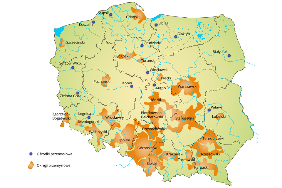 Na mapie Polski zaznaczono ośrodki przemysłowe i okręgi przemysłowe. Ośrodki przemysłowe to: Koszalin, Słupsk, Elbląg, Olsztyn, Białystok, Włocławek, Kutno, Konin, Gorzów Wielkopolski, Zielona Góra, Legnica, Puławy. Okręgi przemysłowe: Gdański, Bydgoski, Toruński, Szczeciński, Płocki, Poznański, Warszawski, Łódzki, Piotrkowsko– Bełchatowski, Staropolski, Lubelski, Tarnobrzeski, Rzeszowski, Karpacki, Tarnowski, Krakowski, Bielski, Górnośląski, Częstochowski, Opolski, Wrocławski, Wałbrzyski, Jeleniogórski, Zgorzelski–Bogatyński. Największymi okręgami przemysłowymi są Okręg Górnośląski, ale także Staropolski. Małymi okręgami są Lubelski, Jeleniogórski, Szczeciński, Toruński, Poznański, Tarnowski.