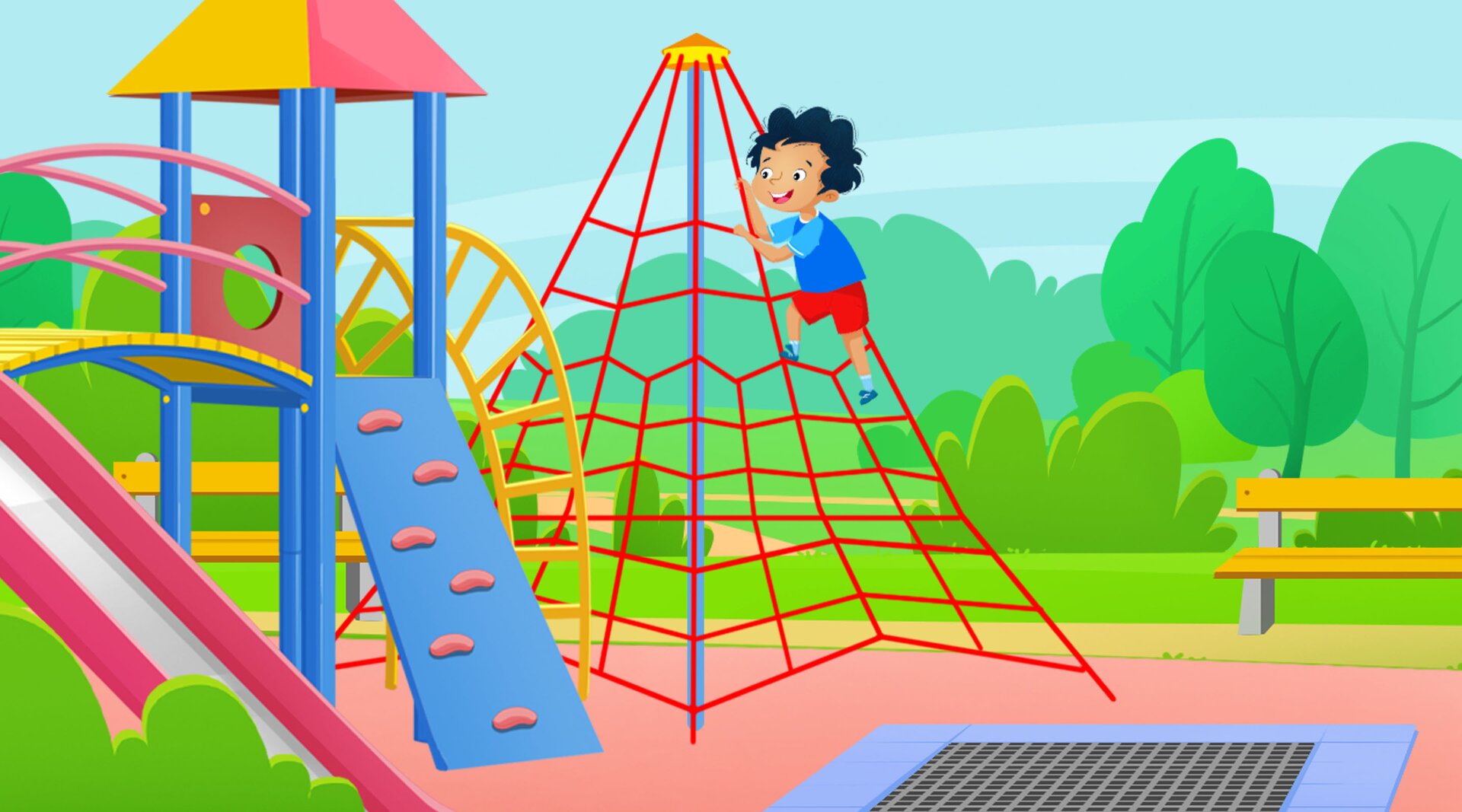Na ilustracji znajduje się chłopiec, który Bawi się na placu zabaw